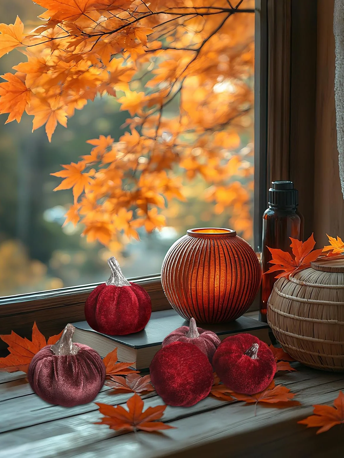 Lot de 12 citrouilles artificielles en velours 2 tailles Halloween décoration de table bordeaux violet