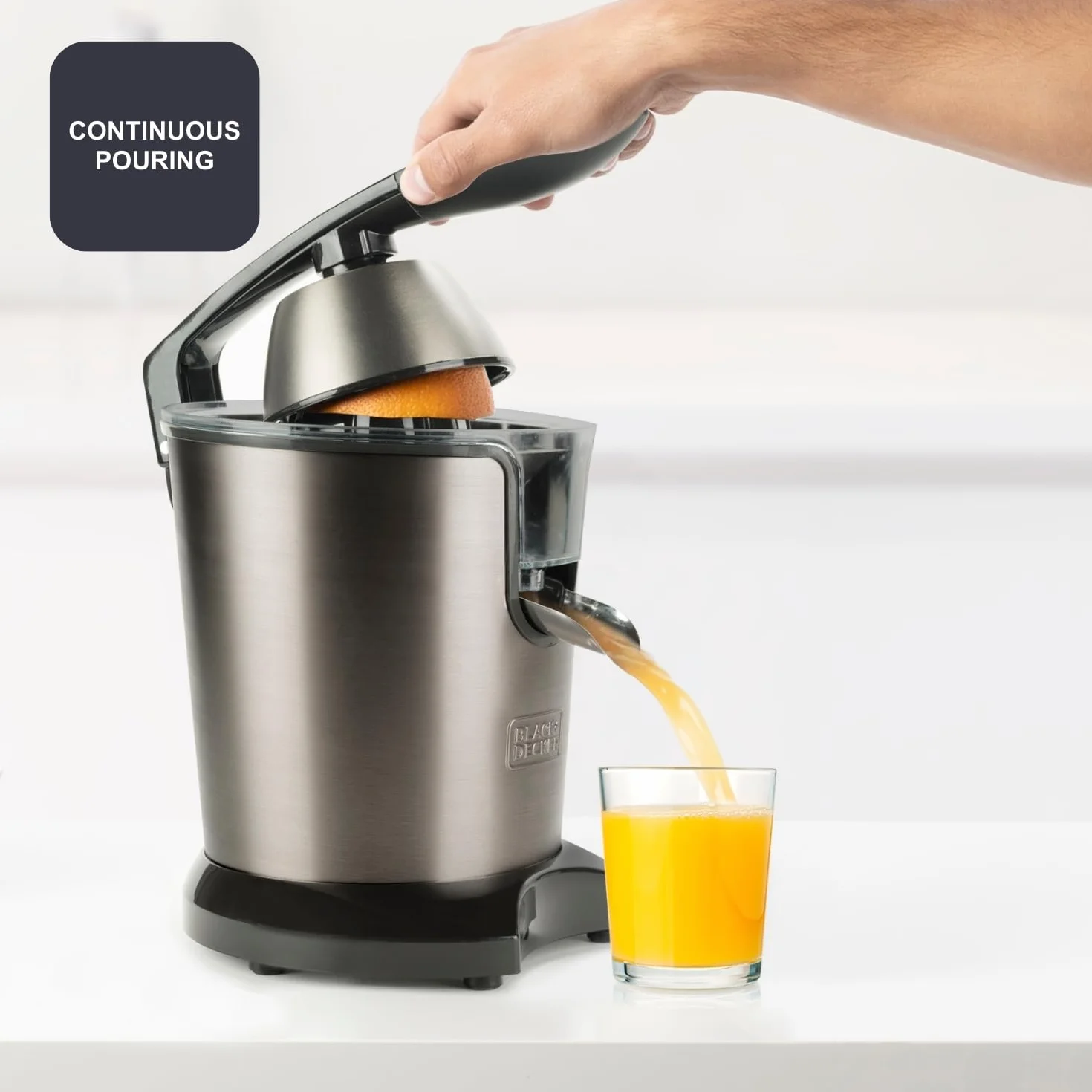 BLACK+DECKER Presse-Agrumes à Levier 350W Moteur AC Pro Corps Inox Réservoir 0,65L Anti-Goutte
