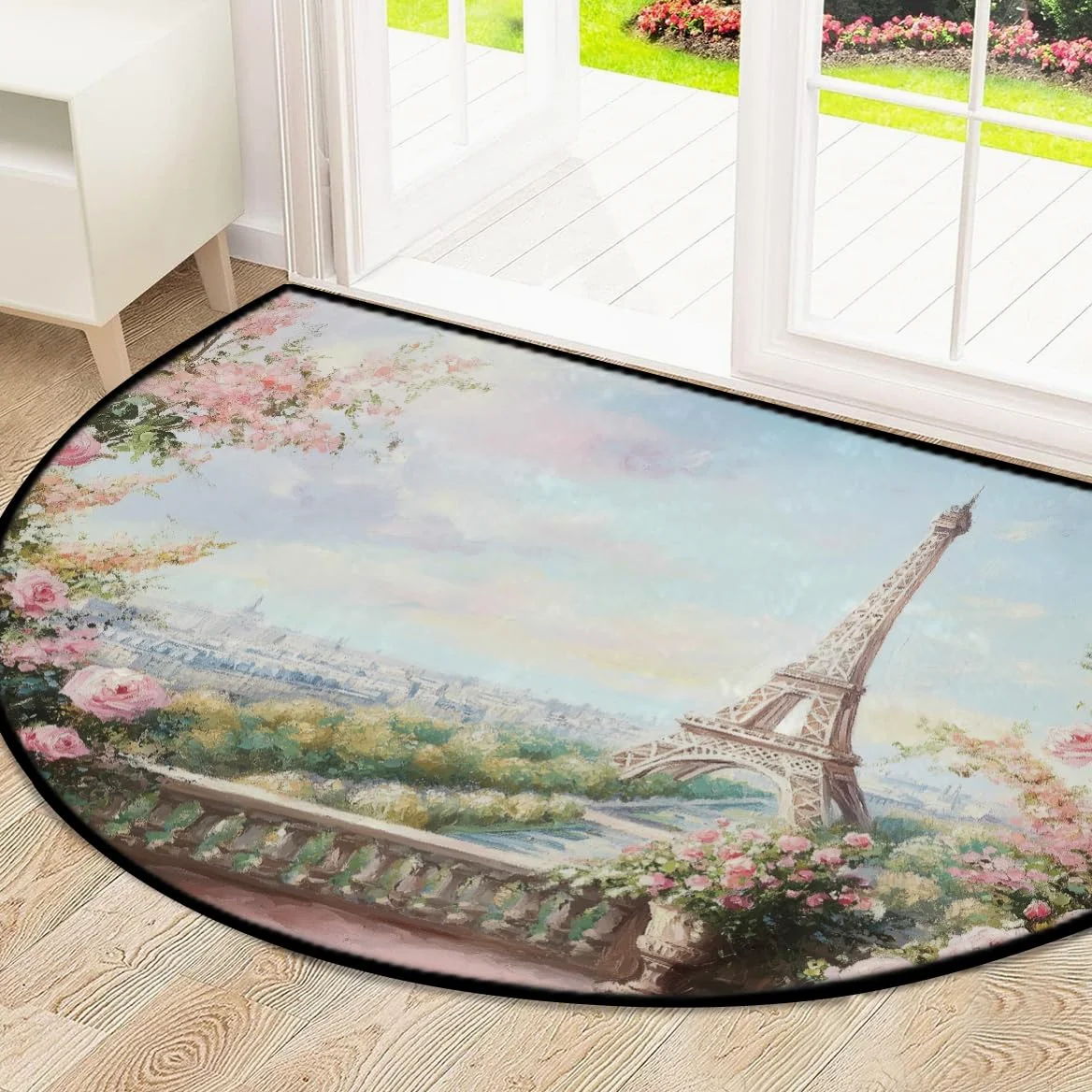 Mexpekil Paillasson demi-lune pour intérieur et extérieur - Motif paysage parisien - Antidérapant - Lavable - Absorbant la saleté - Demi-rond - 100 x 160 cm