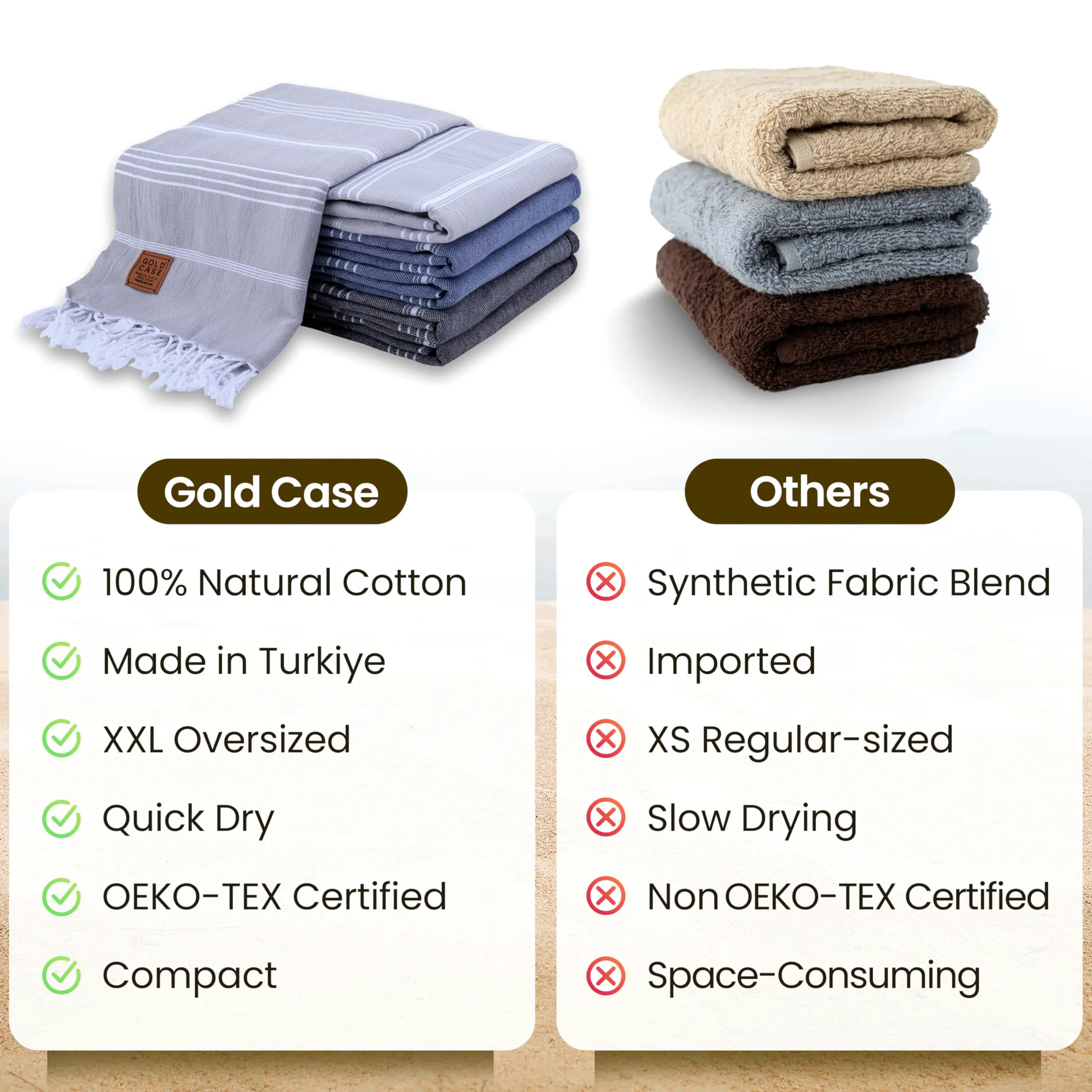 Gold CASE LYCIA Lot de 6 serviettes de plage turques 100 % coton – 177,8 x 96,5 cm – Serviettes de plage turques surdimensionnées à séchage rapide et anti-sable, légères dans les tons foncés