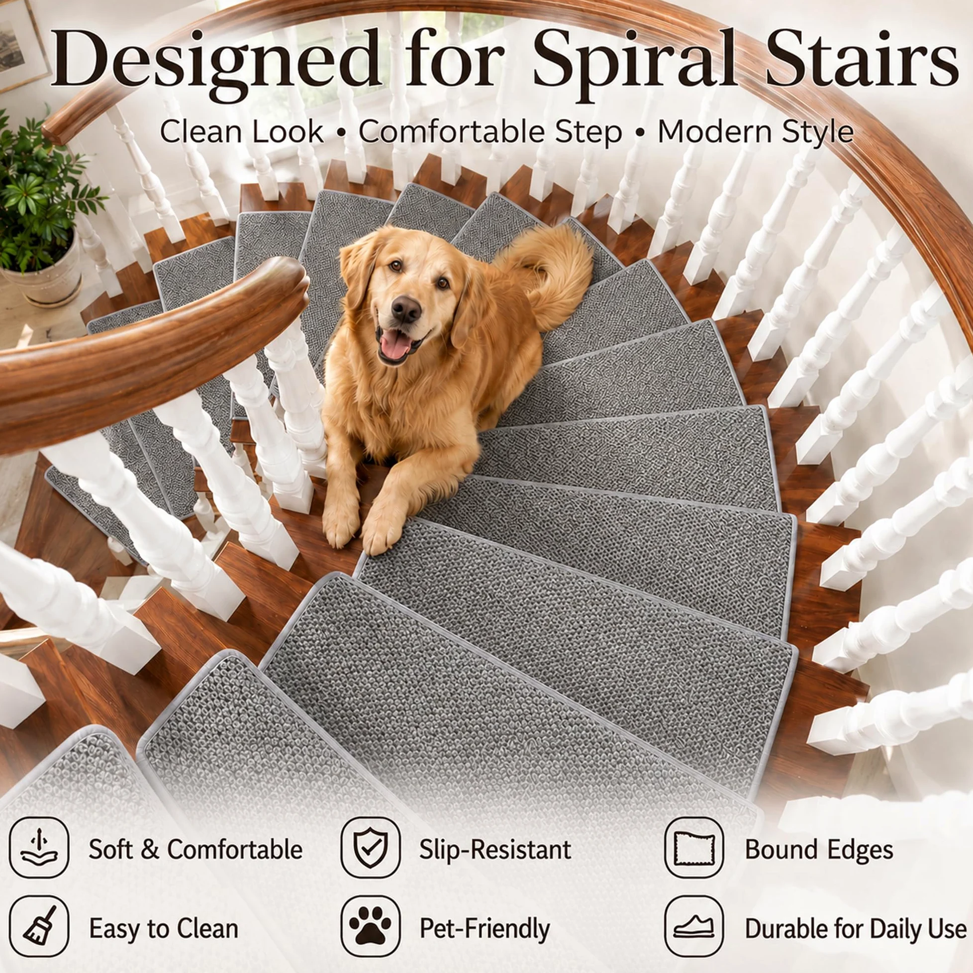 4 Pièces Tapis Antidérapants pour Escalier Tournant Auto-Adhésifs | Tapis doux avec dos adhésif. Idéal pour escaliers en bois ou colimaçon. Protège les marches et prévient les glissades.