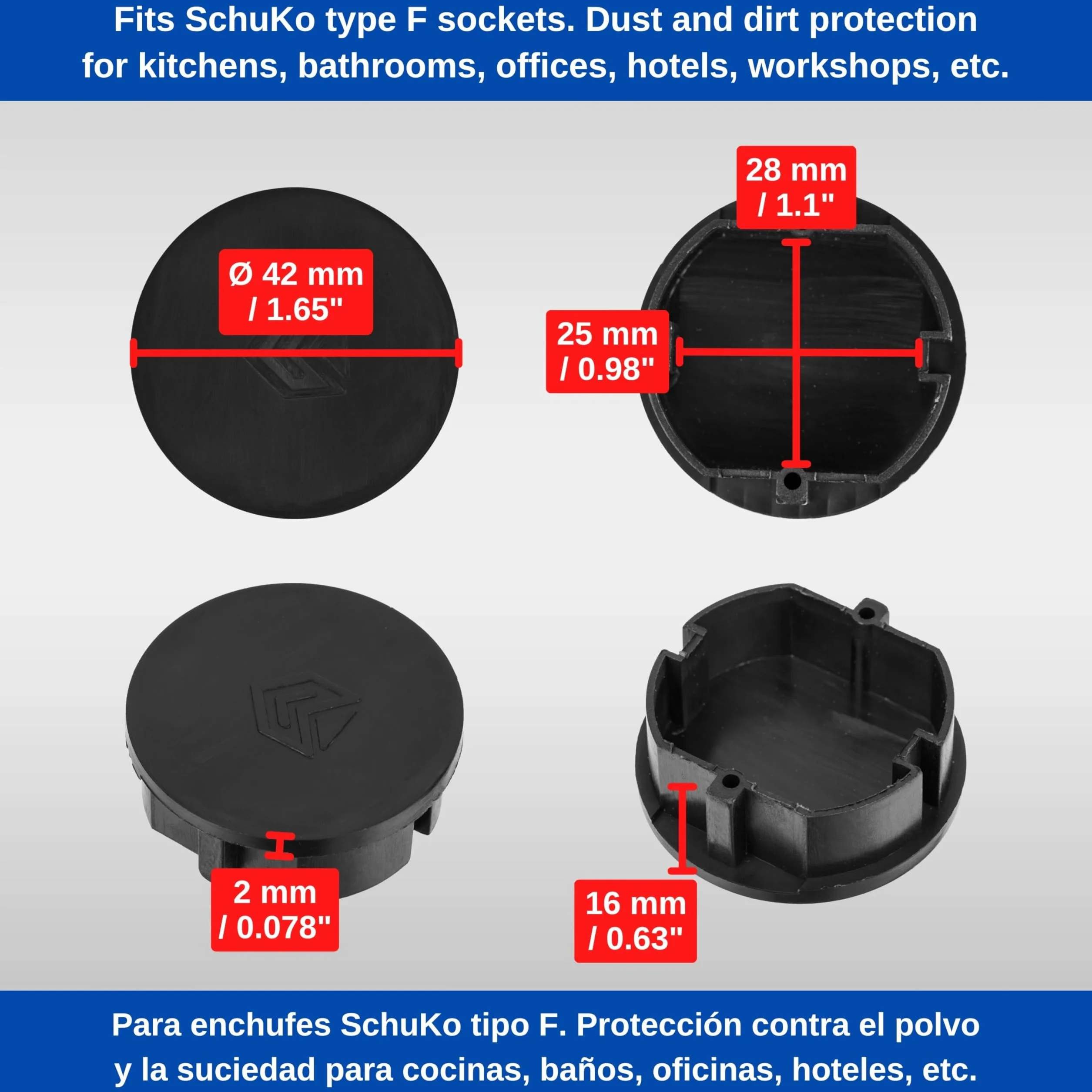 Couvercle de prise SchuKo type F, protection poussière éclaboussures, 2 pièces, noir