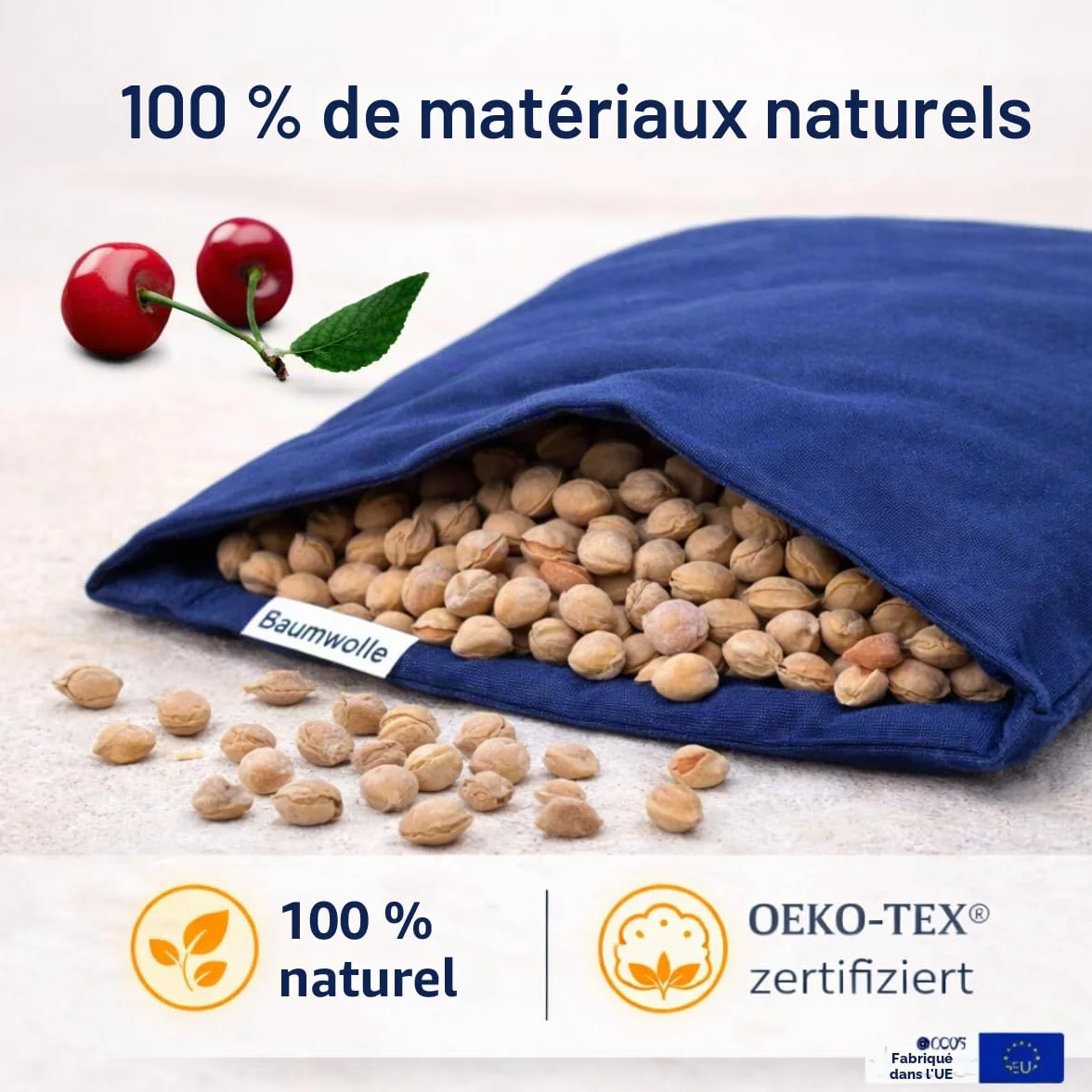 Bouillotte Coussin garni de noyaux de cerises 25 x 30 cm XXL Oeko-Tex 100 Fabriqué en Allemagne
