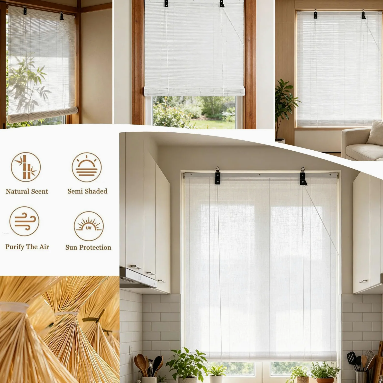 110x110cm Store Enrouleur Occultant en Bambou Blanc,Protection UV | Naturel Respirant Store Filtrant la lumière pour fenêtre Balcon,Rideau de séparation pour Salon Bureau Salle de thé