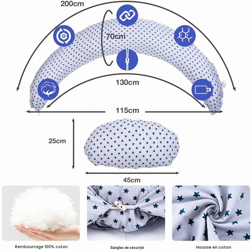 Coussin Allaitement 2 en 1 XXL Grossesse avec Housse Coton Bleu
