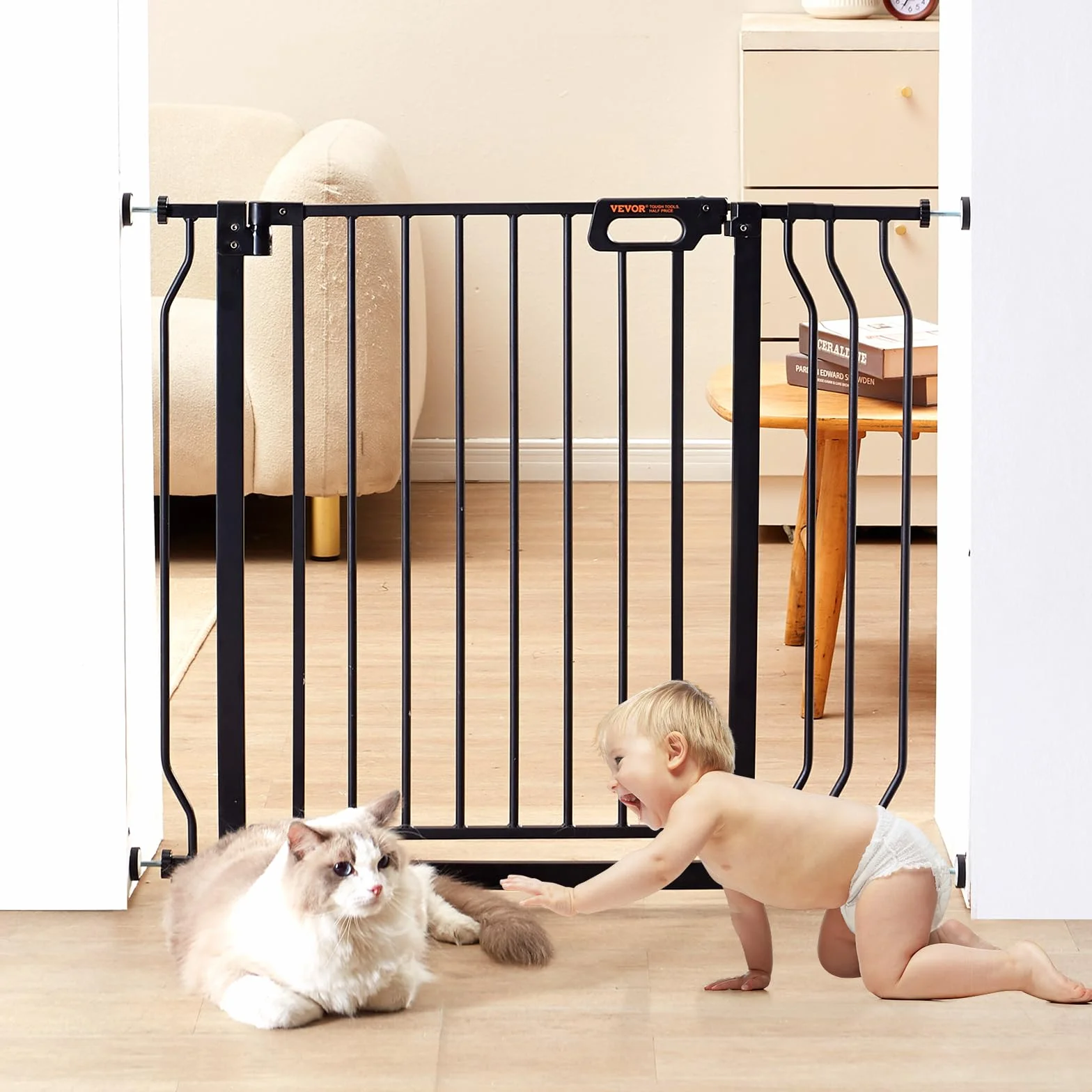 VEVOR Barrière de Sécurité Extensible 75-99 cm Hauteur 76 cm Fermeture Automatique sans Perçage Noir