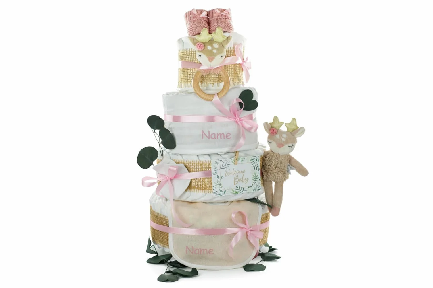 Gâteau de couches bébé fille 4 étages imprimé mousseline chevreuil Ella