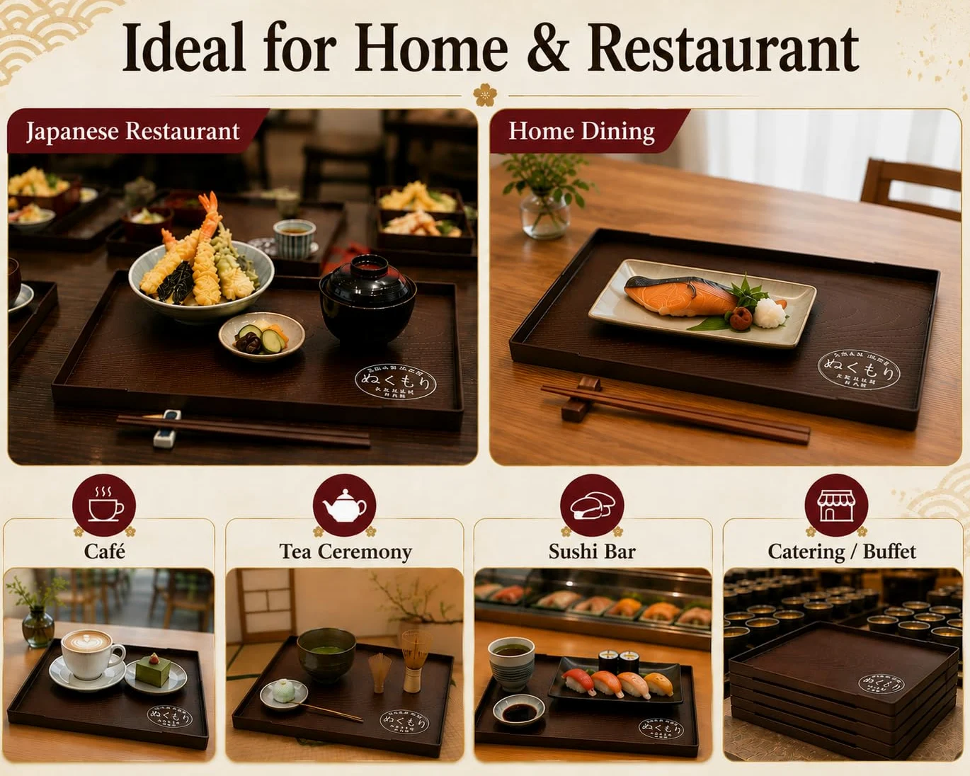 JapanBargain, Lot de 10 petits plateaux de service japonais en plastique laqué, plateaux à saké, assiettes à sushis, assiettes à goûter, fabriquées au Japon, marron, 25,4 x 15,9 cm