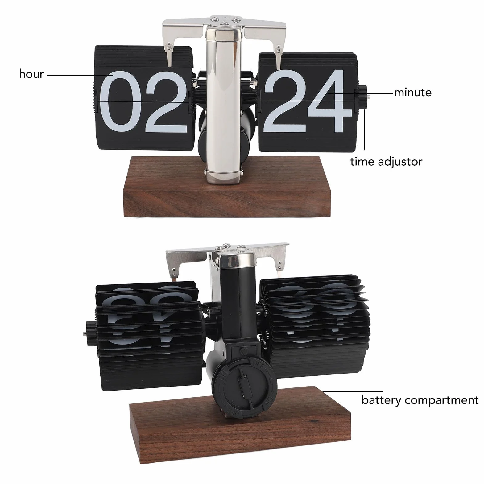 Horloge Rétro Flip Vintage Bureau Auto Mécanique 24h Bois Acier Inoxydable