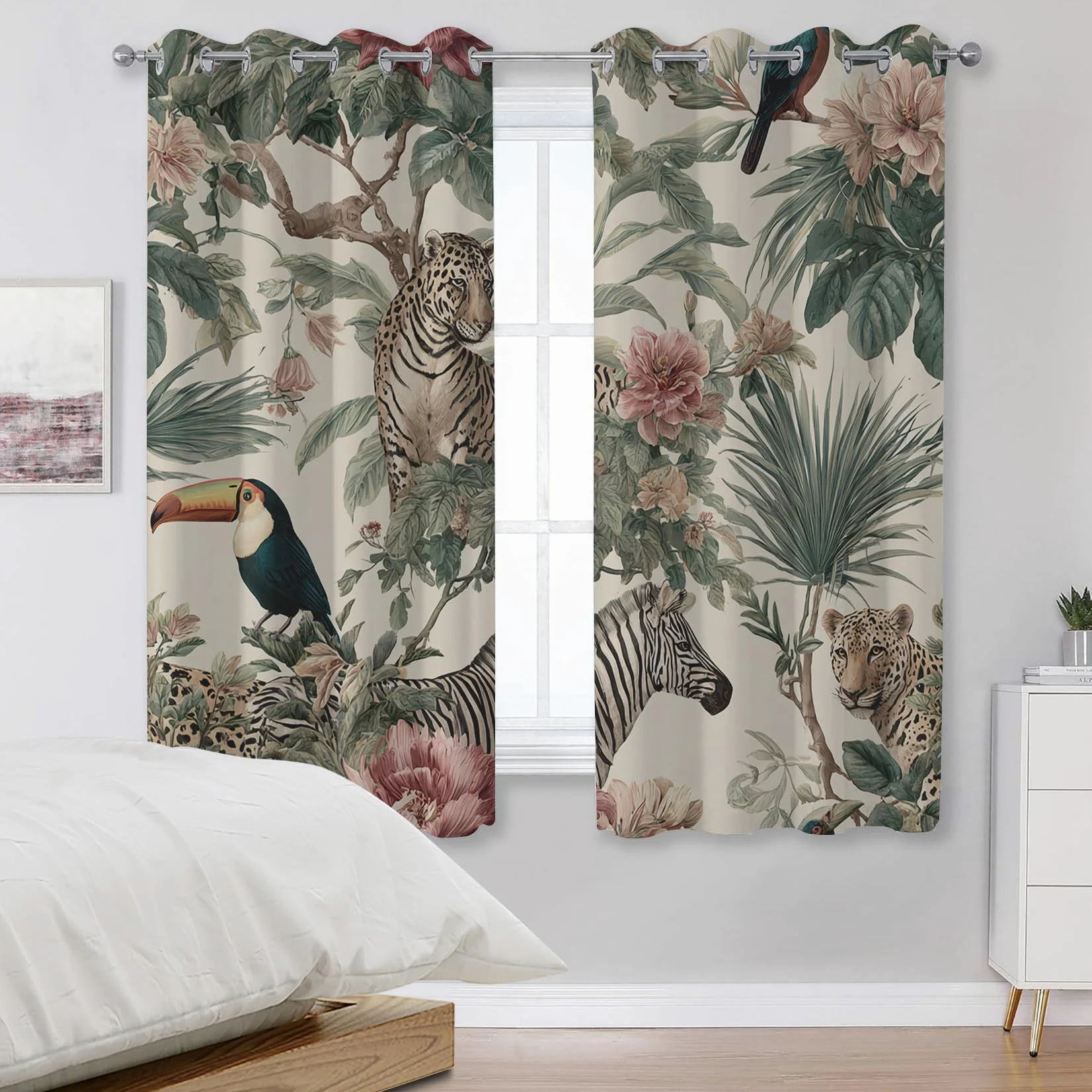 Rideau Occultant Jungle Tropicale, Rideaux Motif Safari Animaux, Rideau Thermique Chambre Salon Fenetre, Fleurs Feuilles de Palmier Lot de 2 Rideaux et Draperies Intérieurs à Oeillets, 140x240cm, yi5
