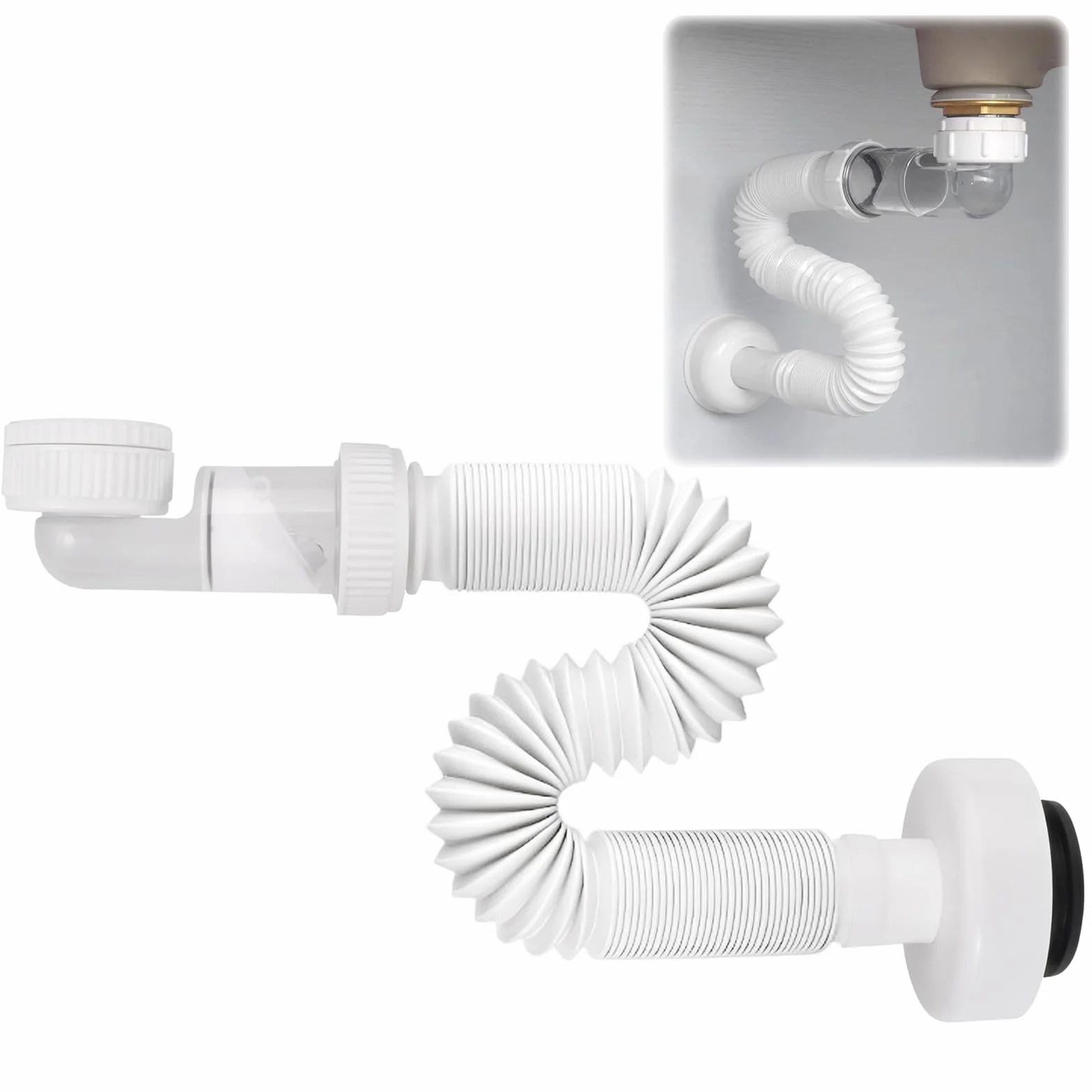 Siphon Lavabo Evier Cuisine 1 1/4 Zoll Plastique Gain de Place Adaptable à l'épreuve des Odeurs Tuyau de Vidange Flexible Universel