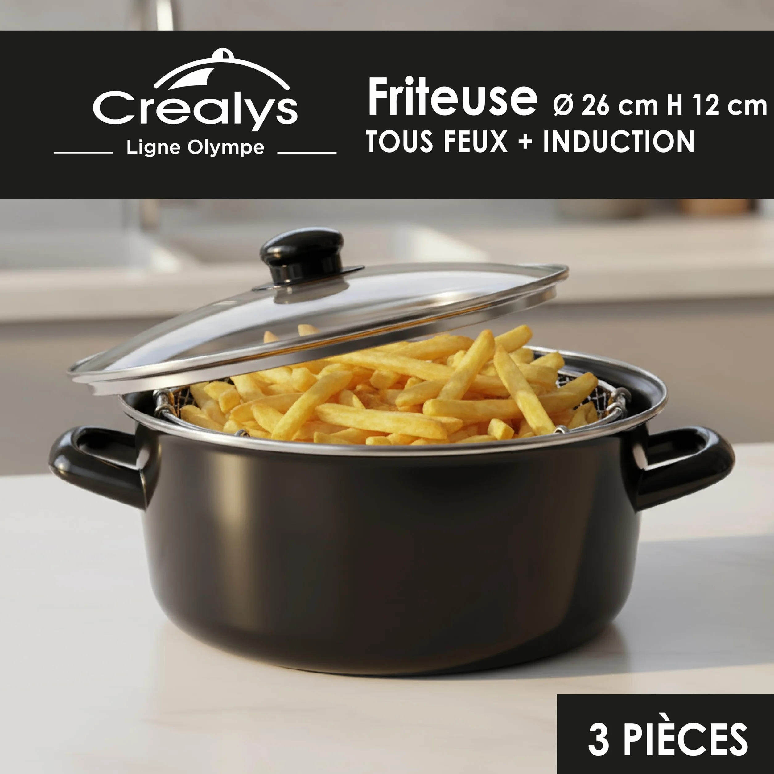 Crealys Friteuse Traditionnelle Ø26 cm Acier Émaillé avec Panier Couvercle Verre Tous Feux Induction