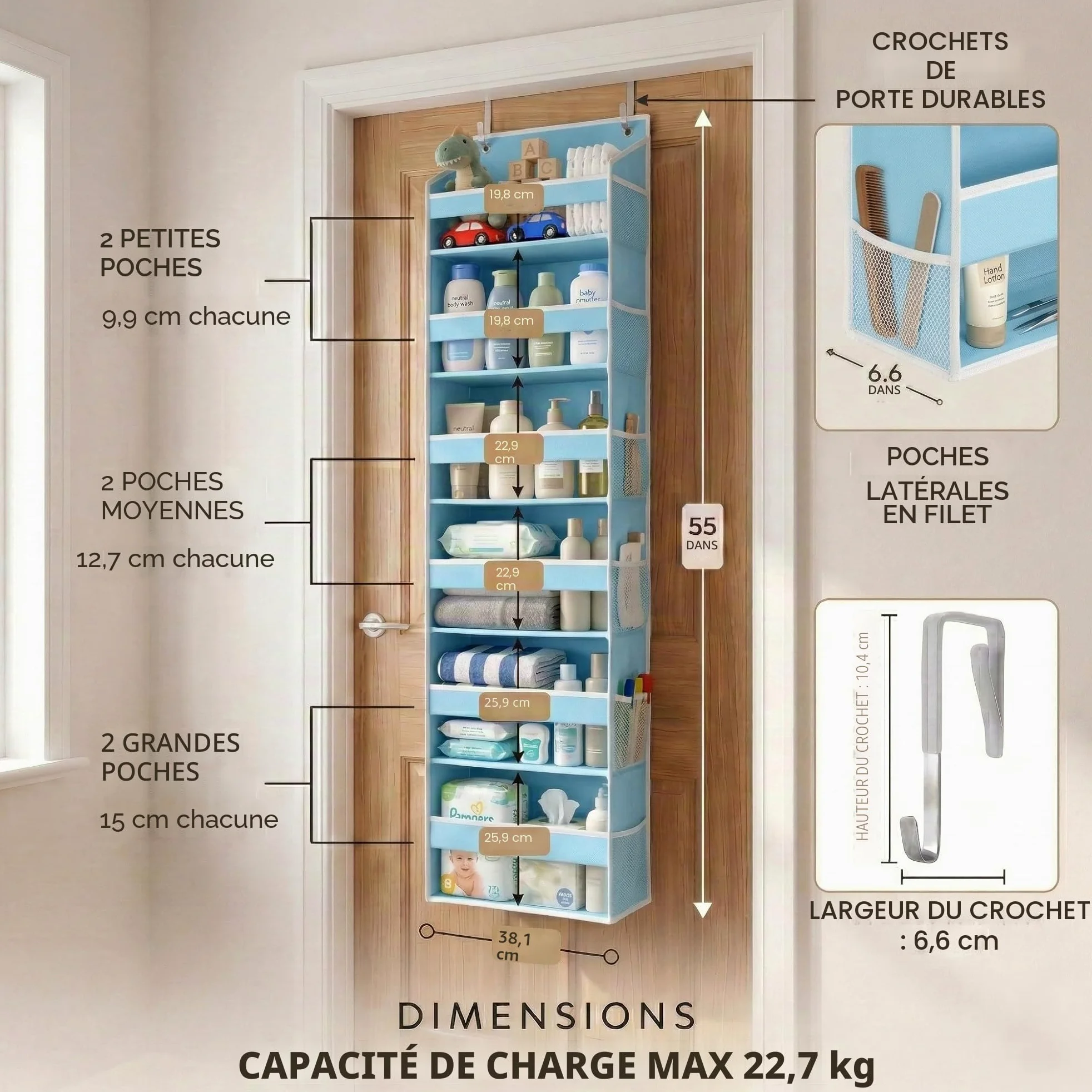 HOMELUX THEORY 1 organiseur de porte robuste à suspendre au-dessus de la porte, 140 x 35,6 x 17 cm, 6 grandes poches avant et 12 poches latérales, organiseur de porte de placard pour chambre à