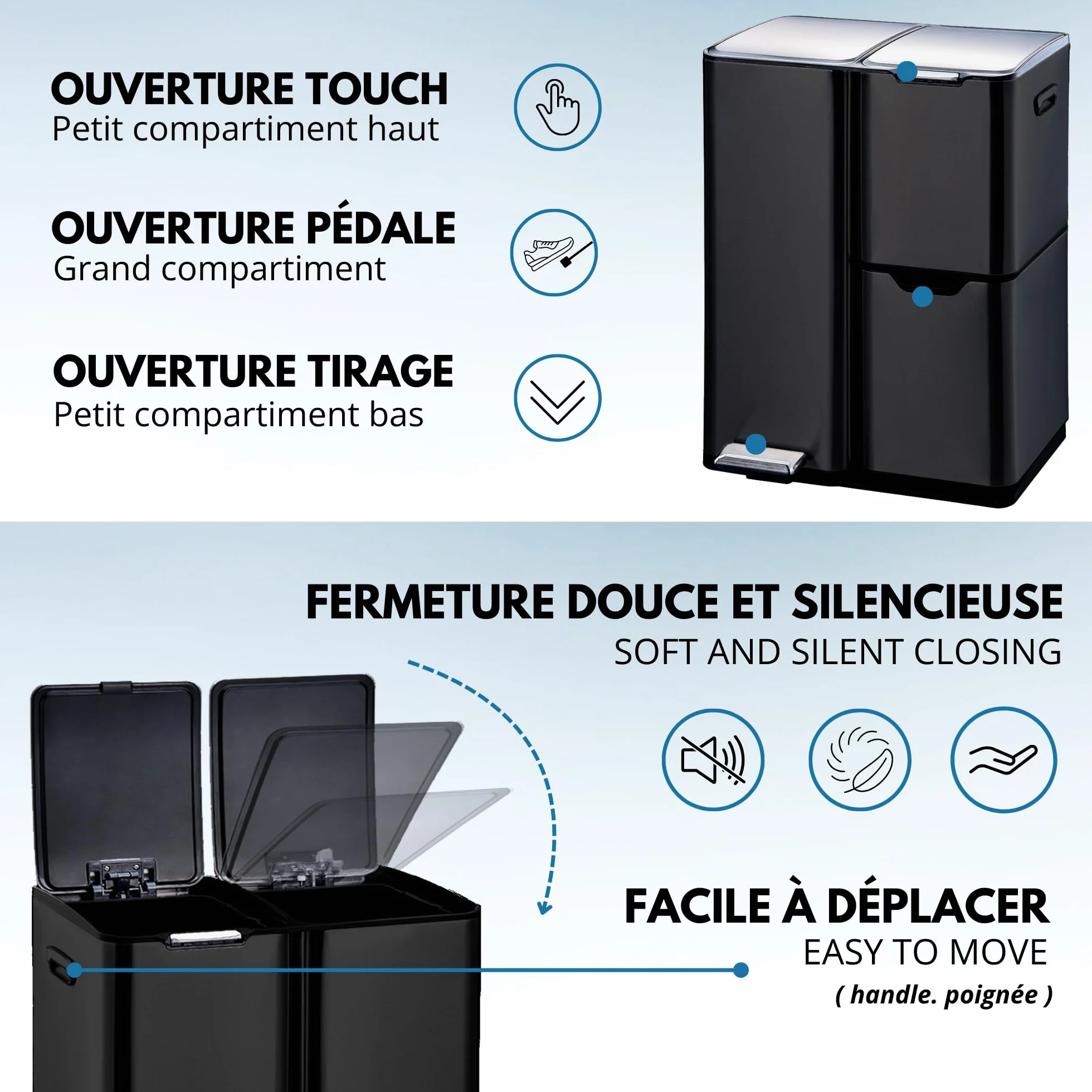 HAJA KITCHEN MOVE Poubelle de cuisine à pédale tri sélectif 60L acier Inox Noir