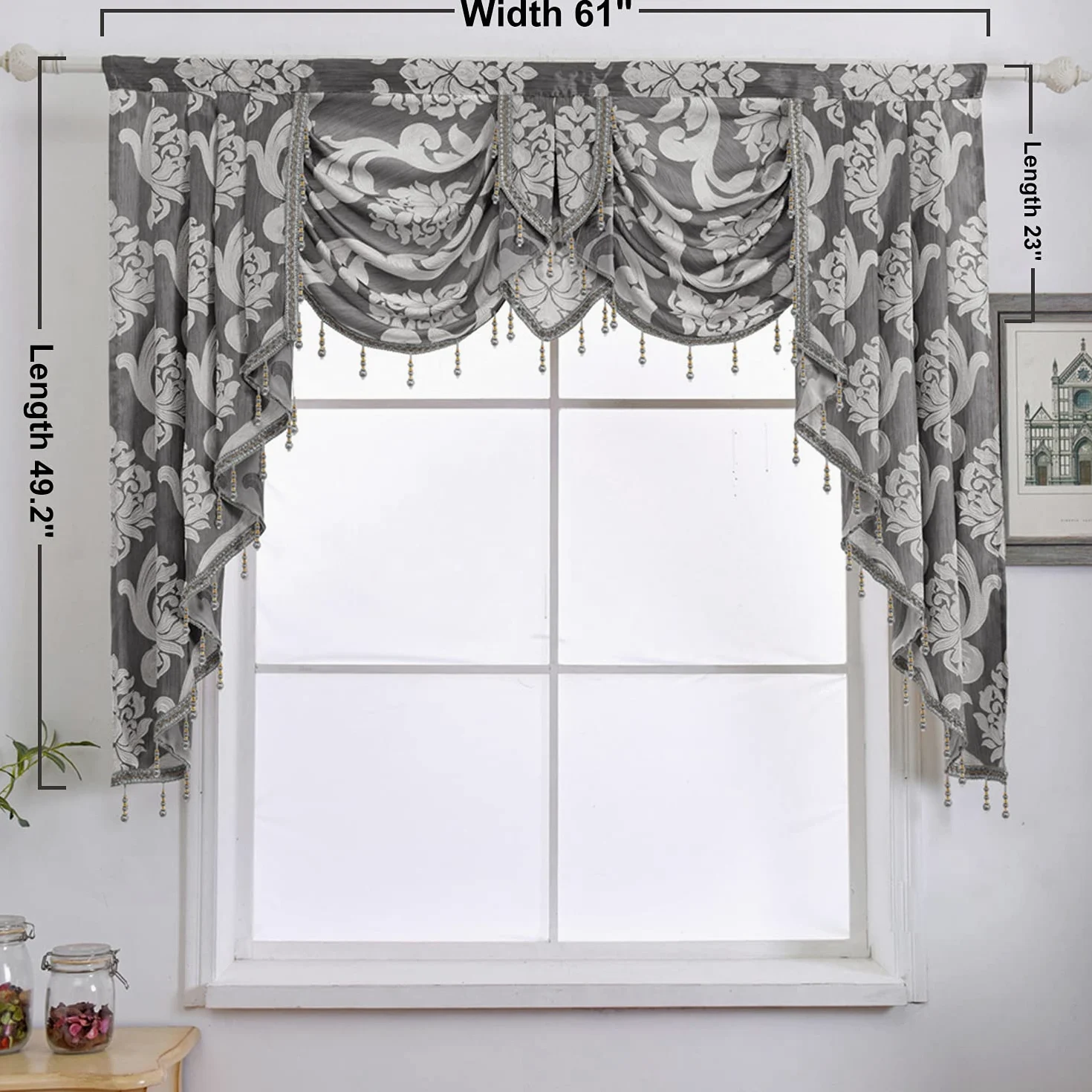 NAPEARL Cantonnières Grises pour fenêtres, Rideaux Jacquard Swag pour Salon, Rideaux Cascade damassés, cantonnière et guirlandes pour Chambre à Coucher, Cuisine (1 Panneau, 155 cm de Large)