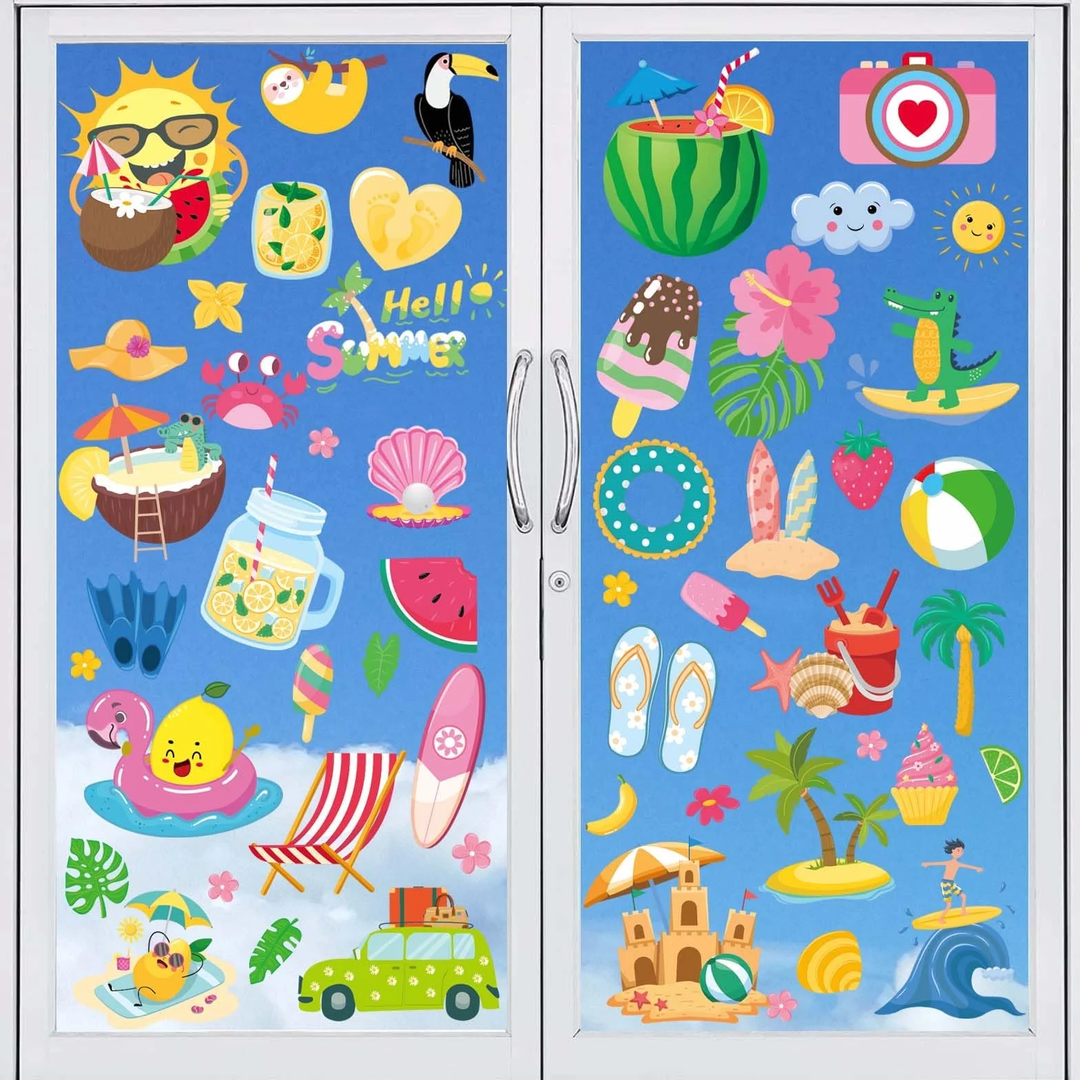 Deco Stickers Fenêtre Été Réutilisables Autocollants 63 Design Soleil Chaises Plage Bouées