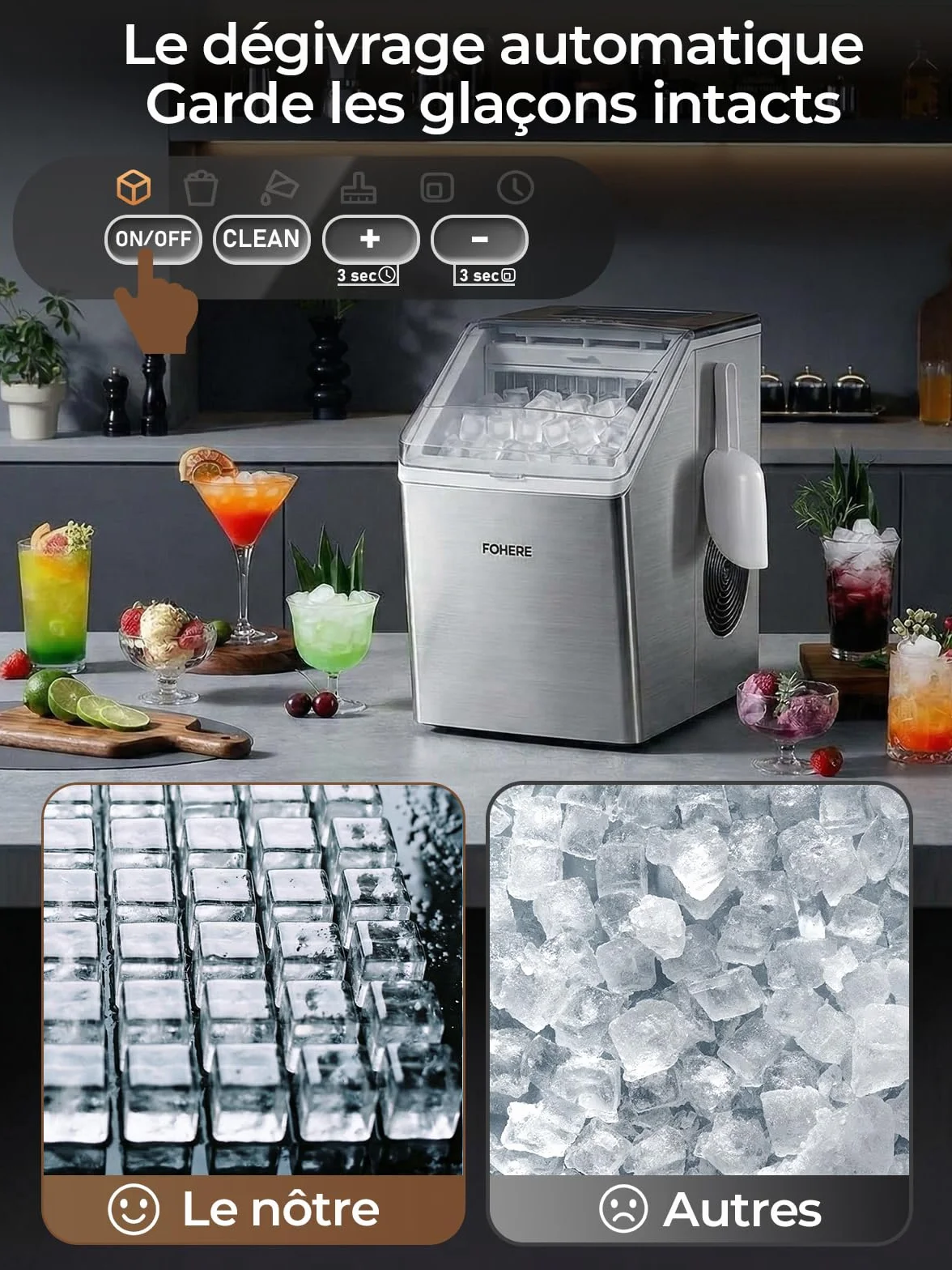 FOHERE Machine à Glaçons Acier Inoxydable 24kg/24h 24 Glaçons 10-15 Min Réservoir 3,2L Auto-Nettoyage Dégivrage Double Alimentation Eau 40 dB