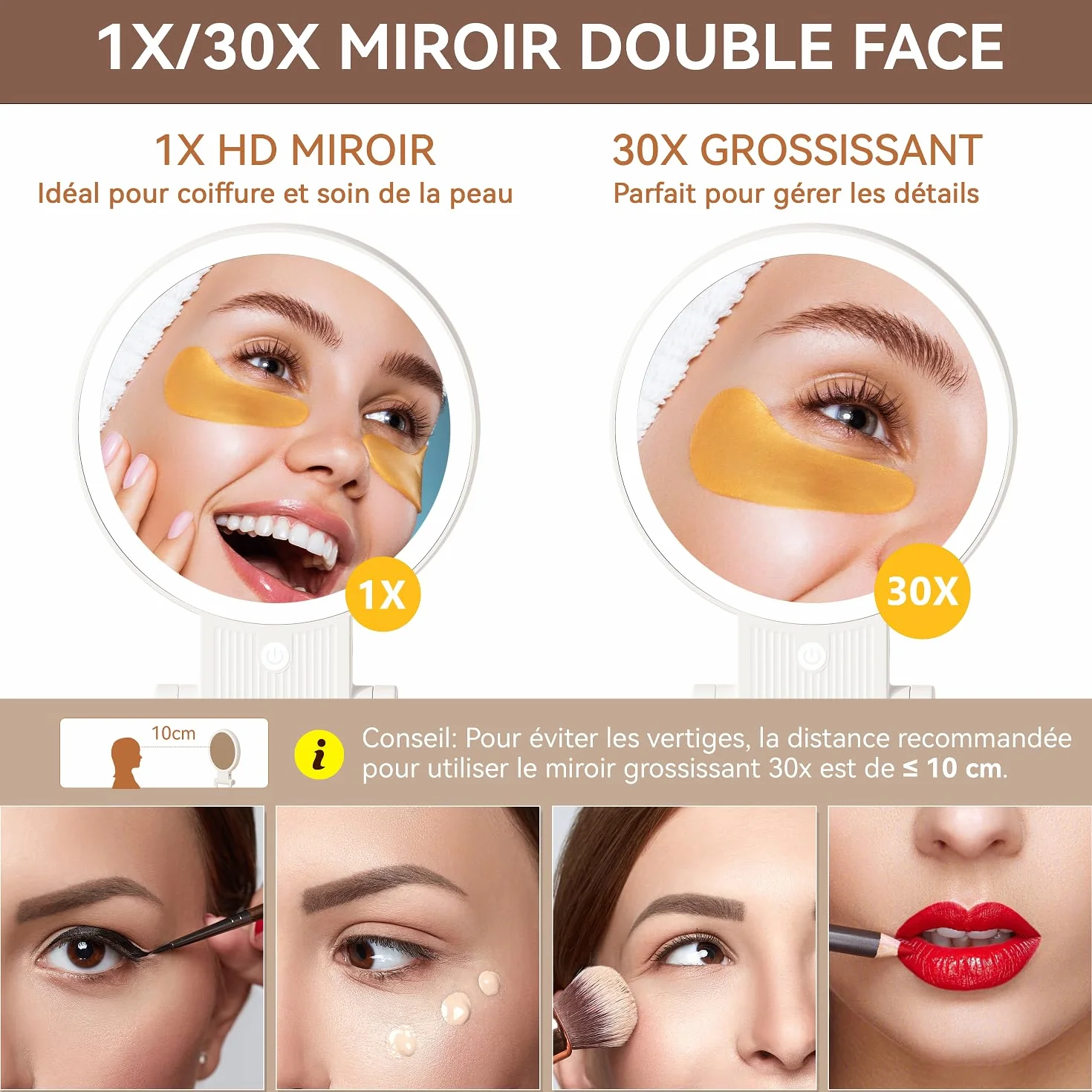 Auxmir Miroir Grossissant Lumineux Double Face 1X/30X, Maquillage 3 Couleurs, Luminosité Réglable, Batterie 2000mAh, Support 360°