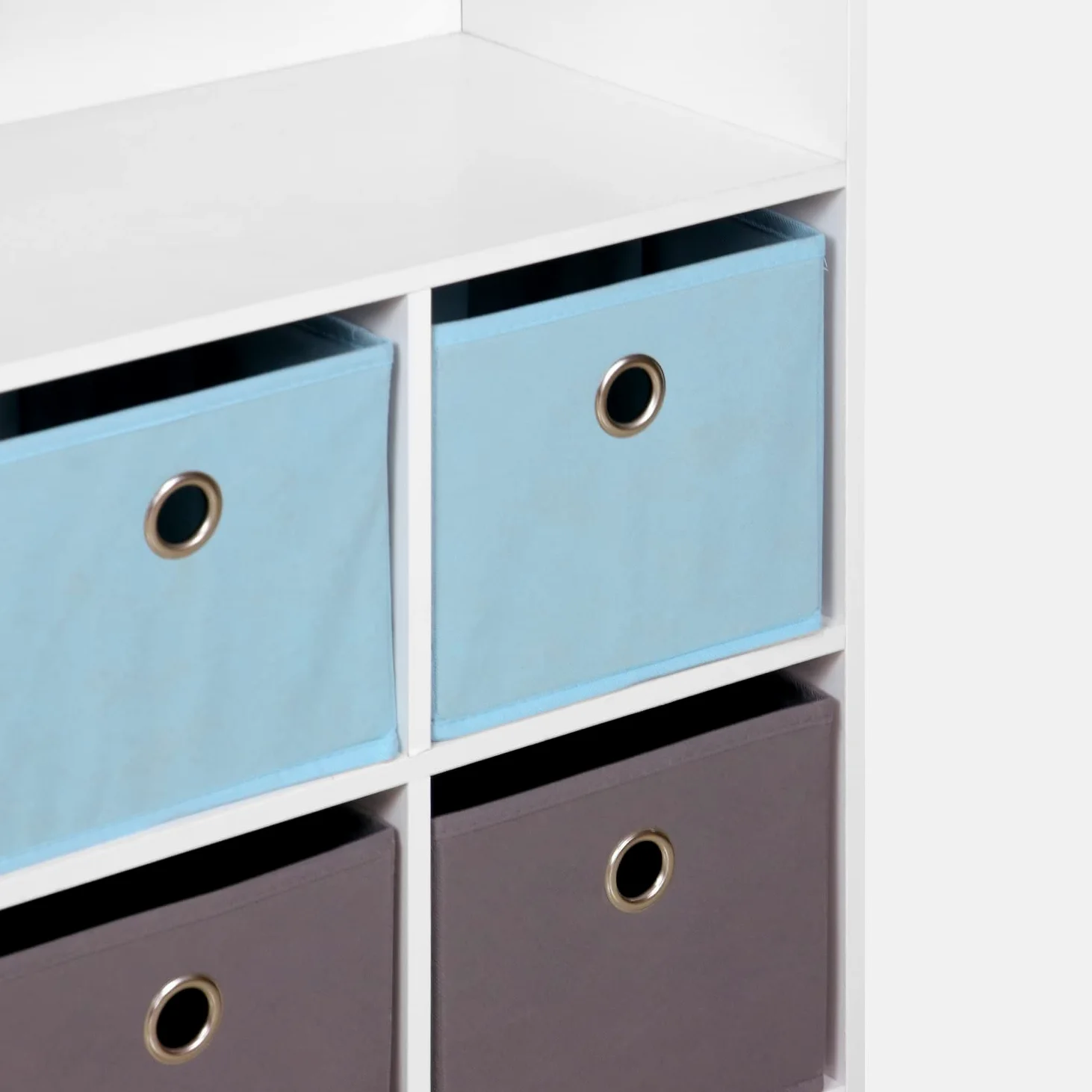 Alice's Home - Meuble de Rangement pour Enfant. Blanc - Camille - avec 7 Compartiments et 6 paniers Gris et Bleus
