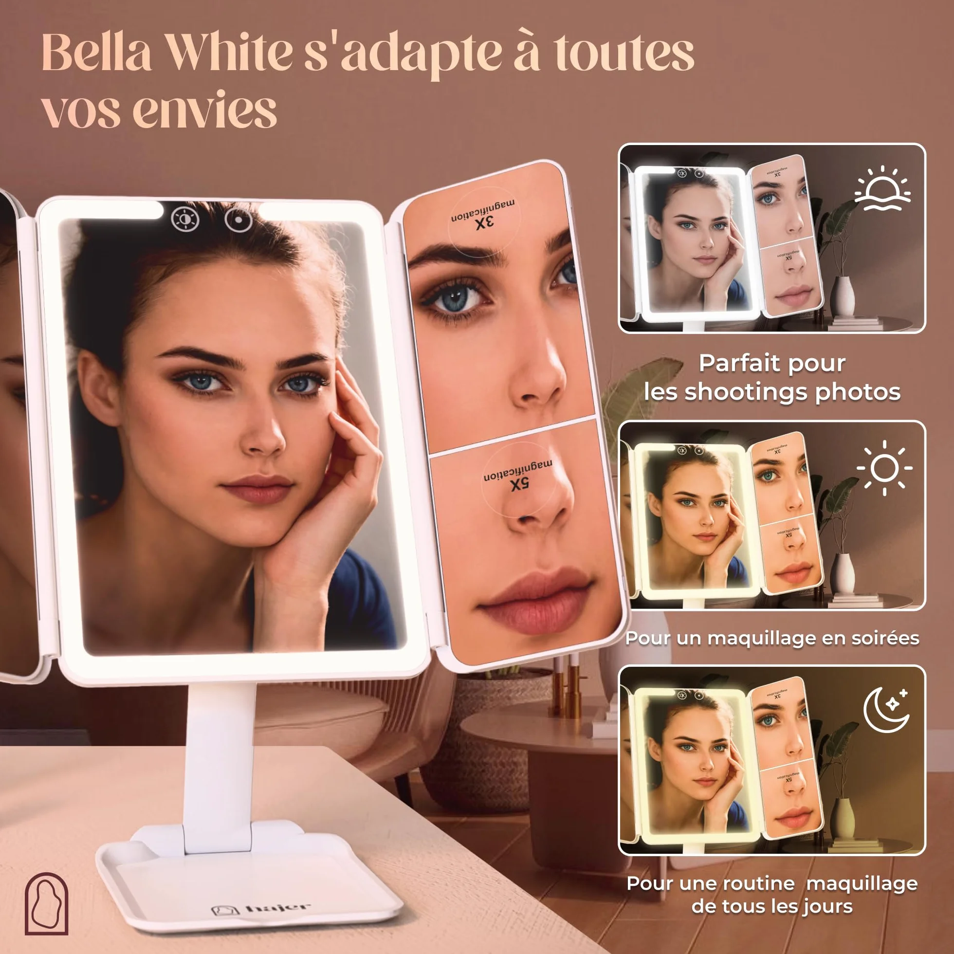 Hajer Miroir Maquillage LED Grossissant 1X/3X/5X 3 Modes Éclairage Tactile Rechargeable USB-C Pliable Voyage