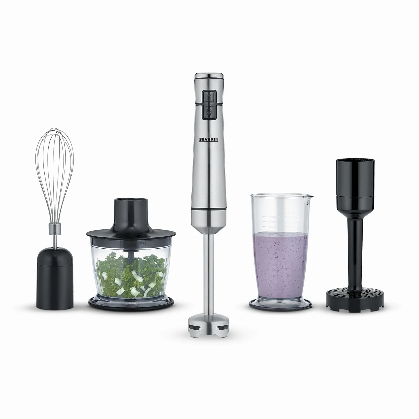 Severin Ensemble mixeur plongeant sans fil 100 W, multifonctions avec de nombreux accessoires, Presse purée, Mixeur-plongeur, batteur, mélangeur et hachoir, Inox, SM3775, SM 3775