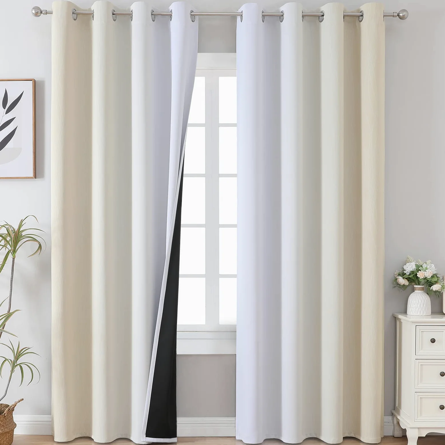 Dégradé Ombre Beige Clair Blanc, Rideau à œillets, Rideaux de fenêtre, thermorideau Anti-Froid, Double Rideau 2 pièces, Rideaux de Chambre à œillets, occultants pour Salon, H 229 x L 132 cm