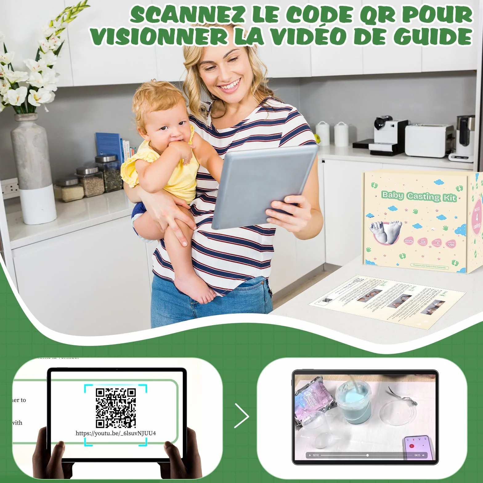 Empreinte Main Pied Bebe 0-9 Mois Kit de Moulage 3D 4 Moulages avec Peintures Non Toxique Souvenirs Personnalisés Cadeau Naissance