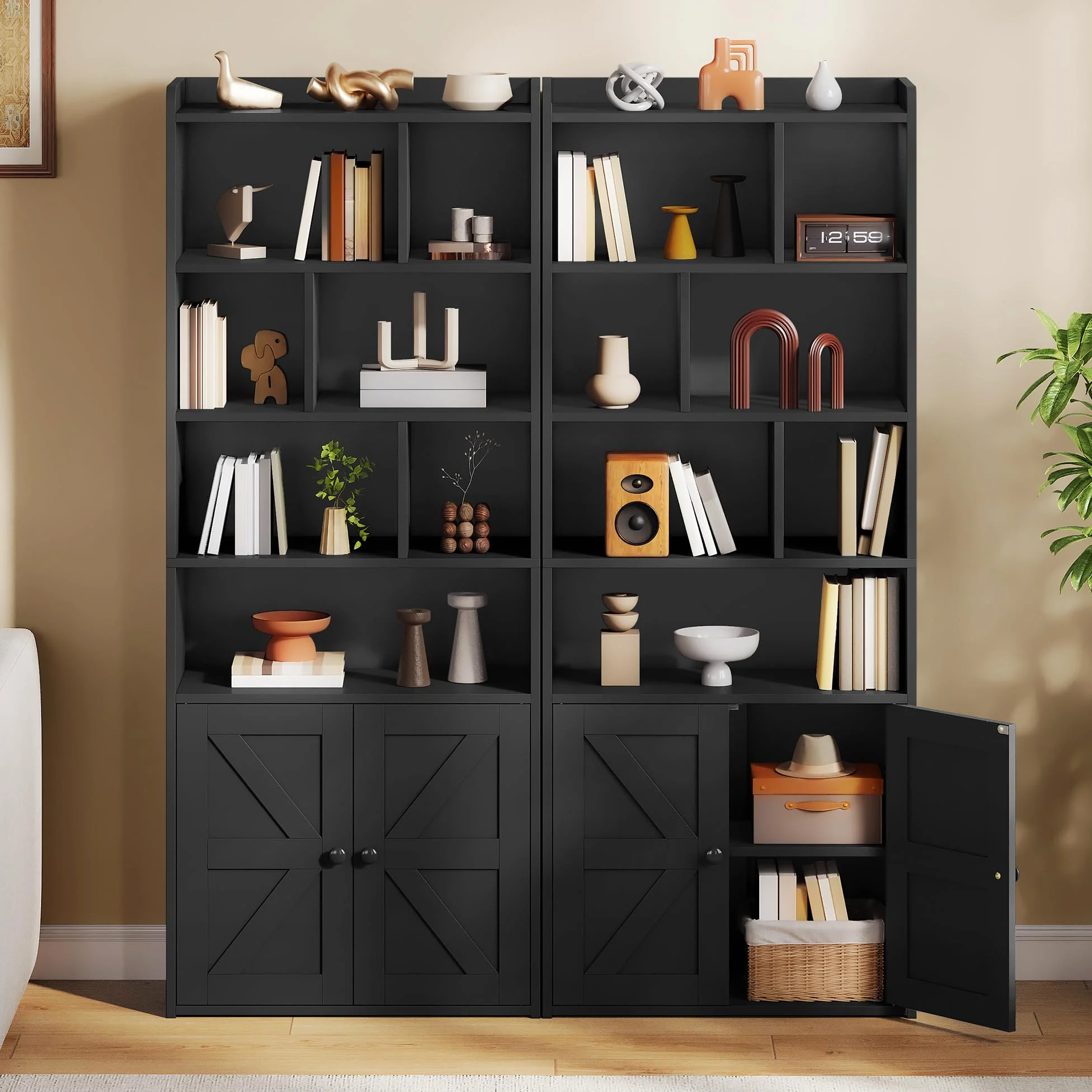 YITAHOME Bibliothèque à 4 Niveaux avec Portes et Placard, étagère de Rangement sur Pied, Compartiment Ouvert, idéale pour la Maison, Le Bureau, Le Salon ou la Chambre, Noire, 60 x 30 x 159 cm