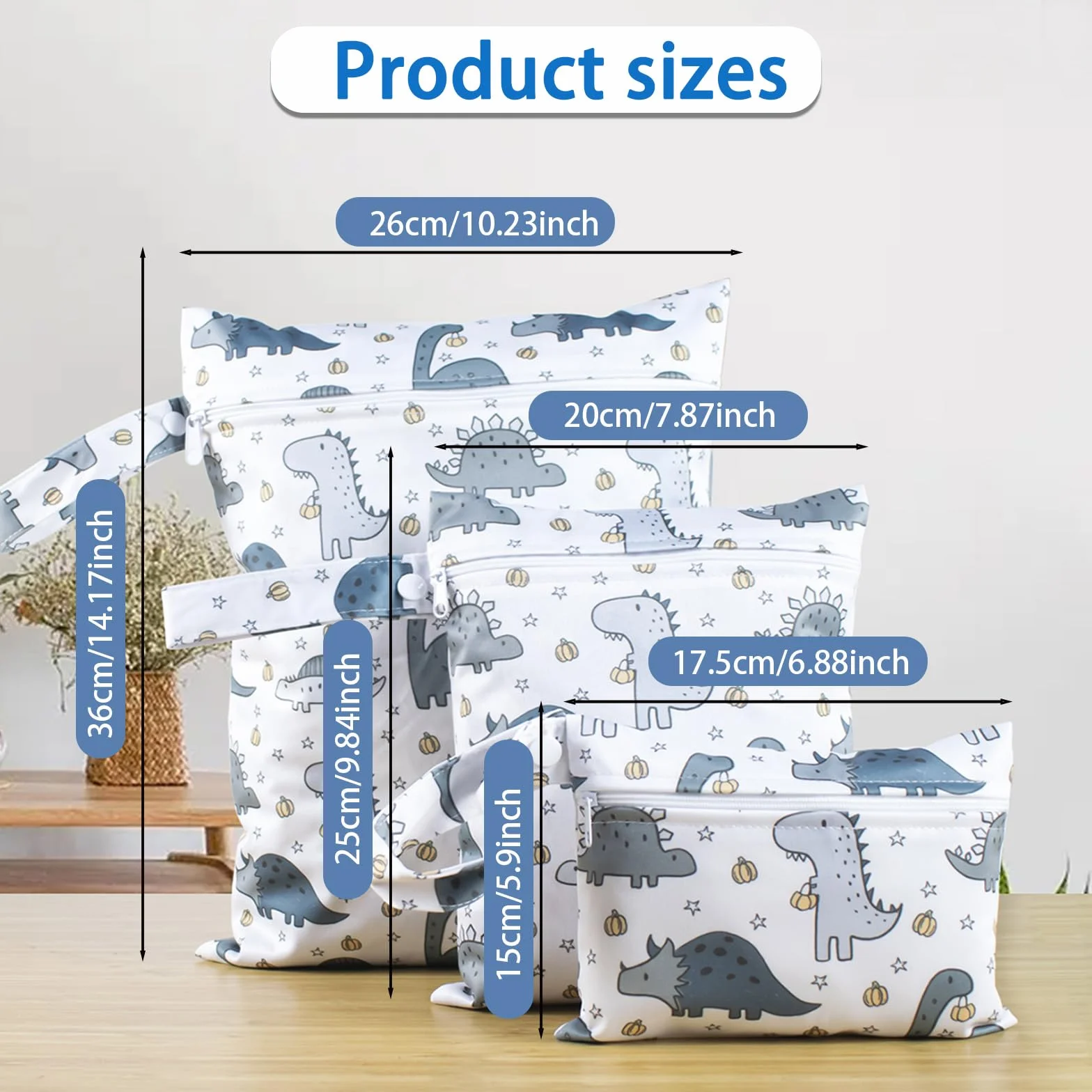 Sacs à Couches Lavables Dinosaures 3 Pièces, Sac Étanche Couche Bébé, Pochette Humide et Sèche Réutilisable