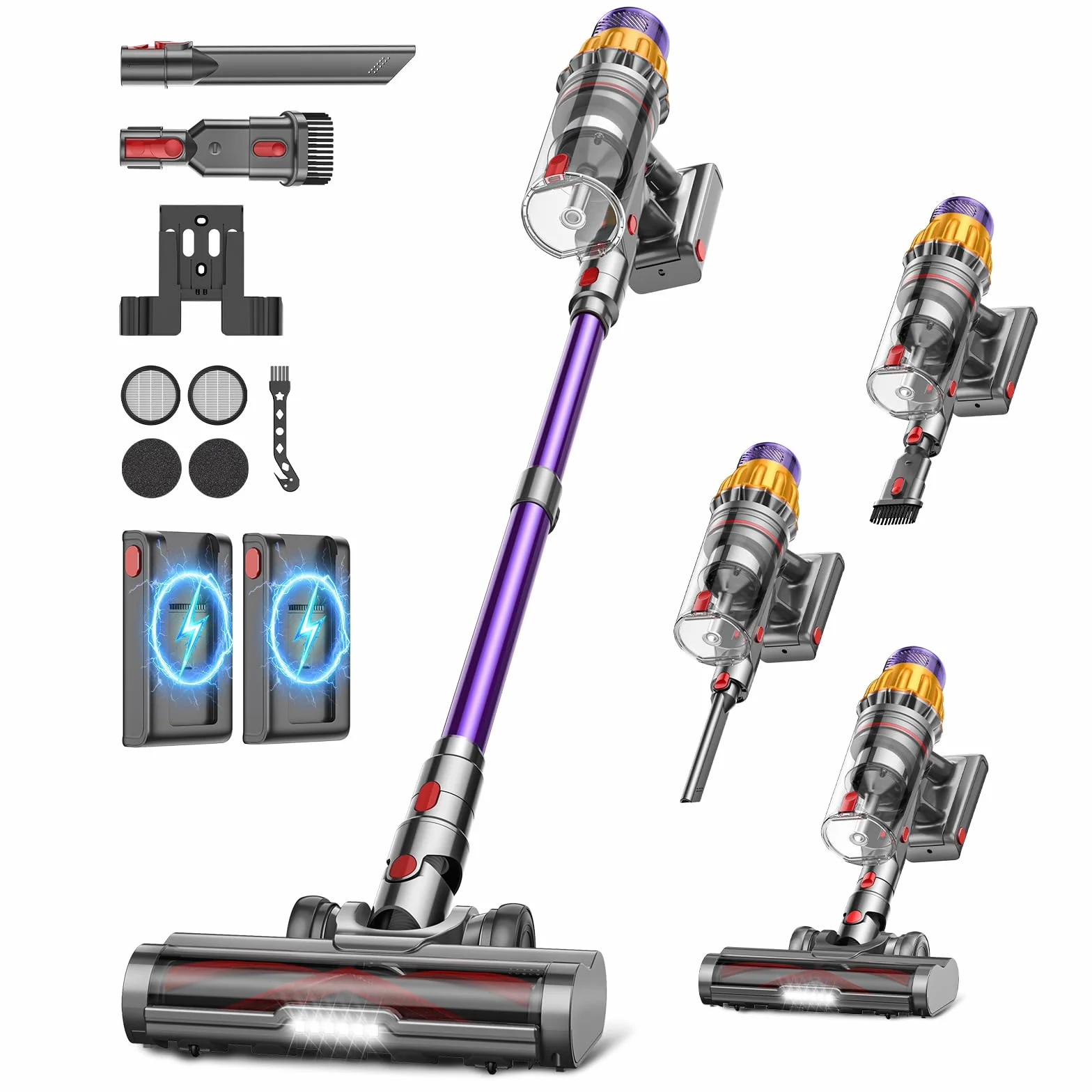 Aspirateur Balai Sans Fil 150Min 55KPA 600W 2 Batteries Brosse Anti-Enchevêtrement Support Mural Rechargeable Écran LED pour Poils d'Animaux Tapis Sols Durs