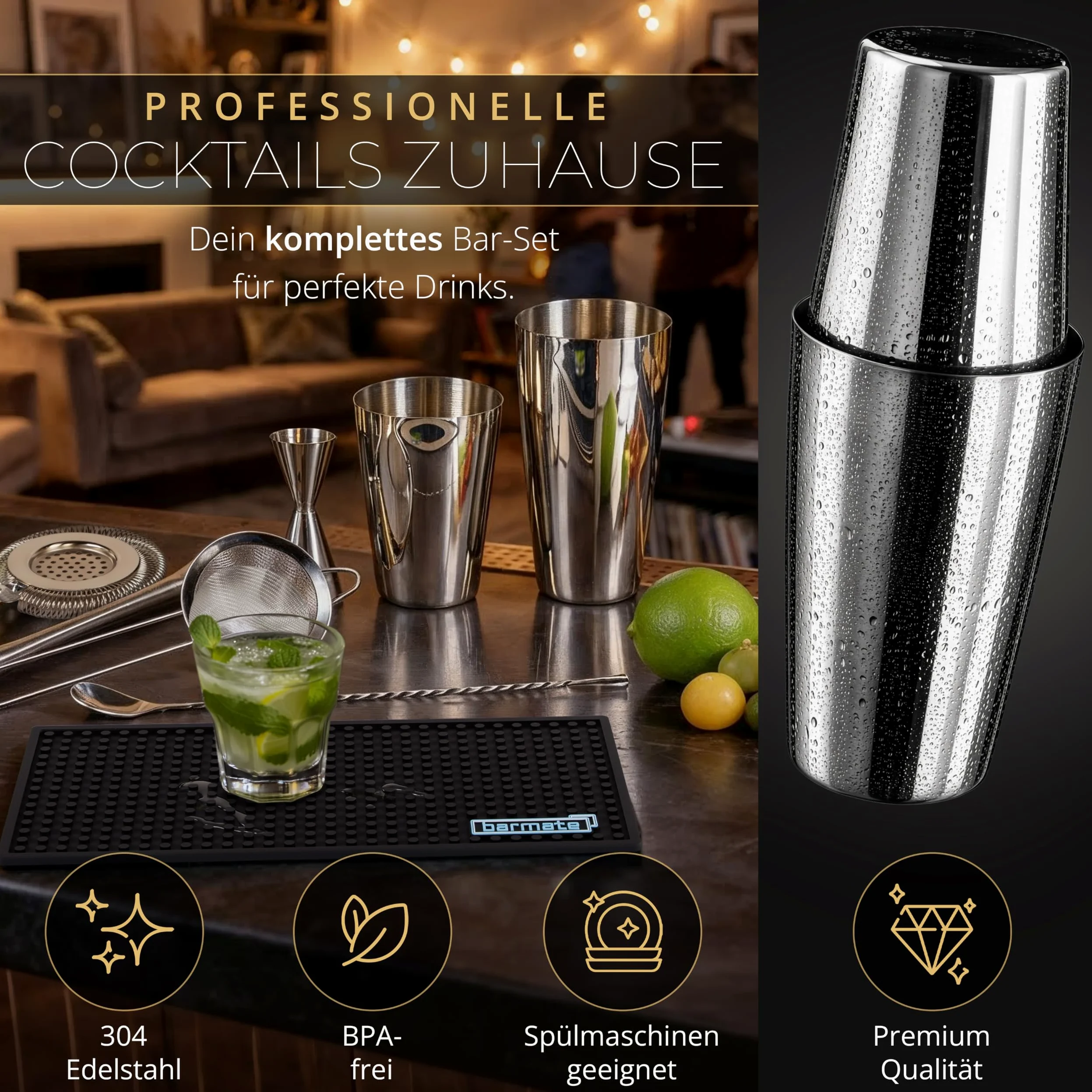 Ensemble Shaker à Cocktail barmate en Acier Inoxydable Boston, 7 pièces composé d'un Shaker, d'un Jigger, d'une cuillère de Bar, de 2 passoires, d'un Pilon et d'un Tapis de Bar