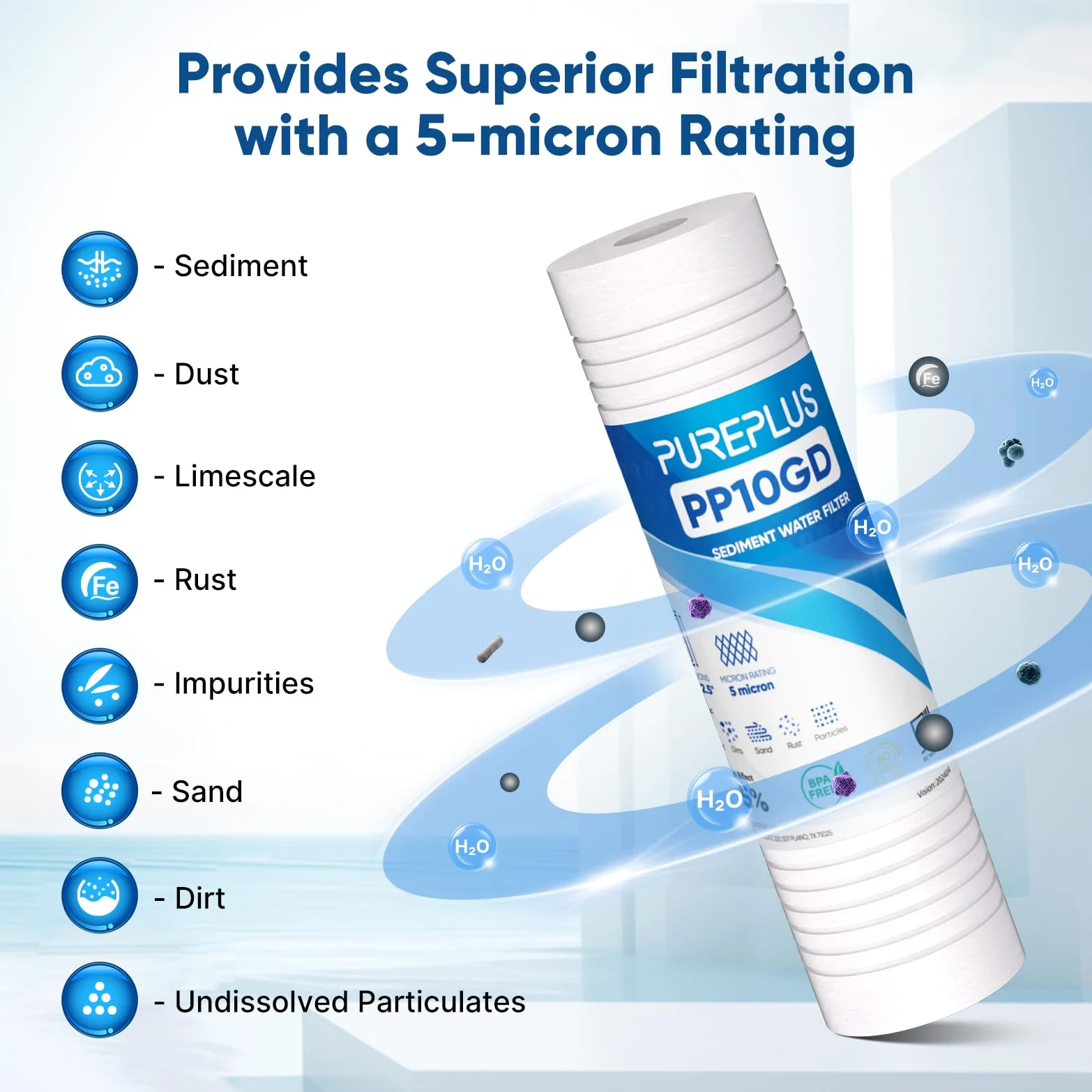 PUREPLUS Lot de 6 filtres à eau à sédiments rainurés pour toute la maison, 5 microns, 25,4 x 6,3 cm