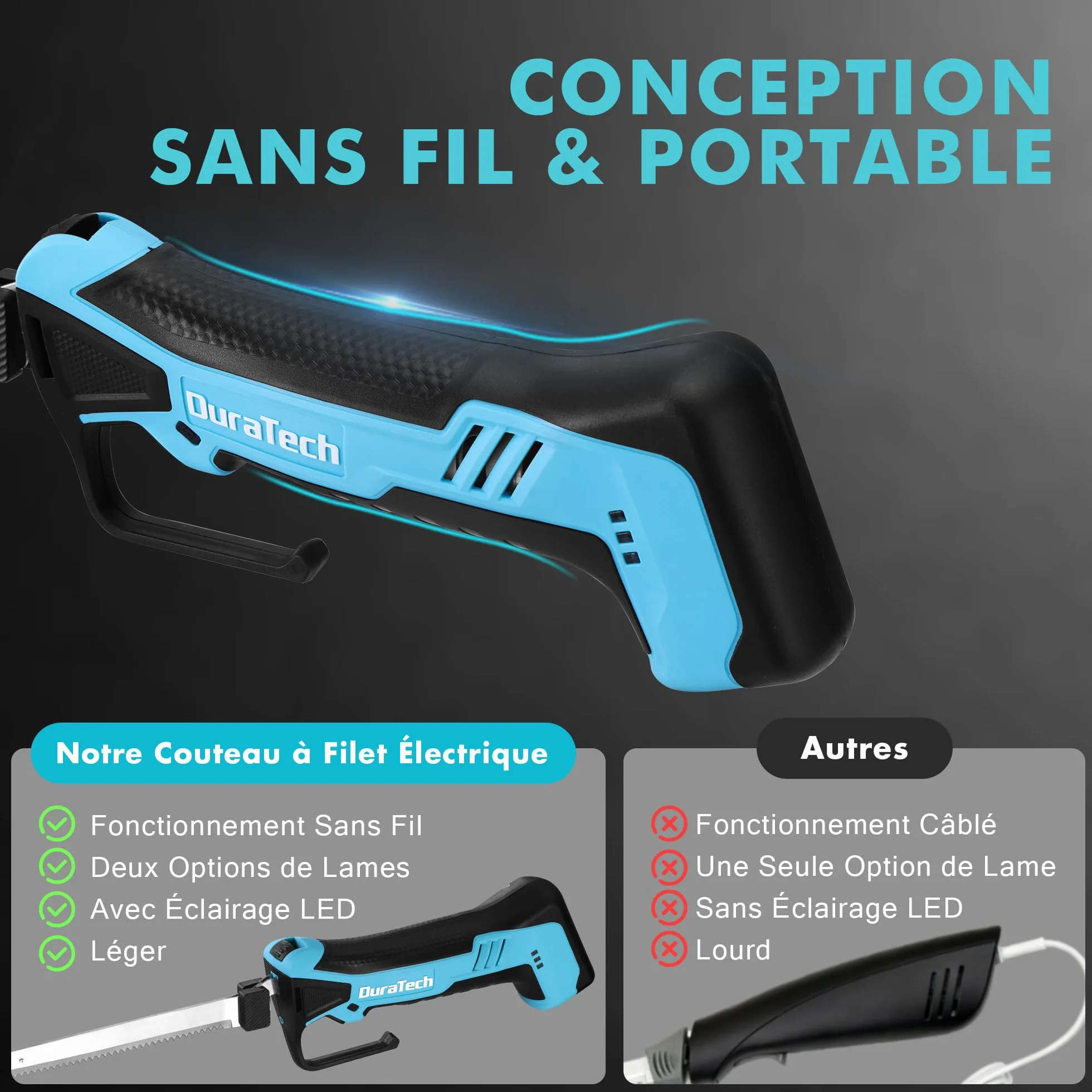 DURATECH Couteau à Filet Électrique sans Fil Rechargeable 2 Lames 20cm/25cm Poignée Antidérapante Verrou de Sécurité LED