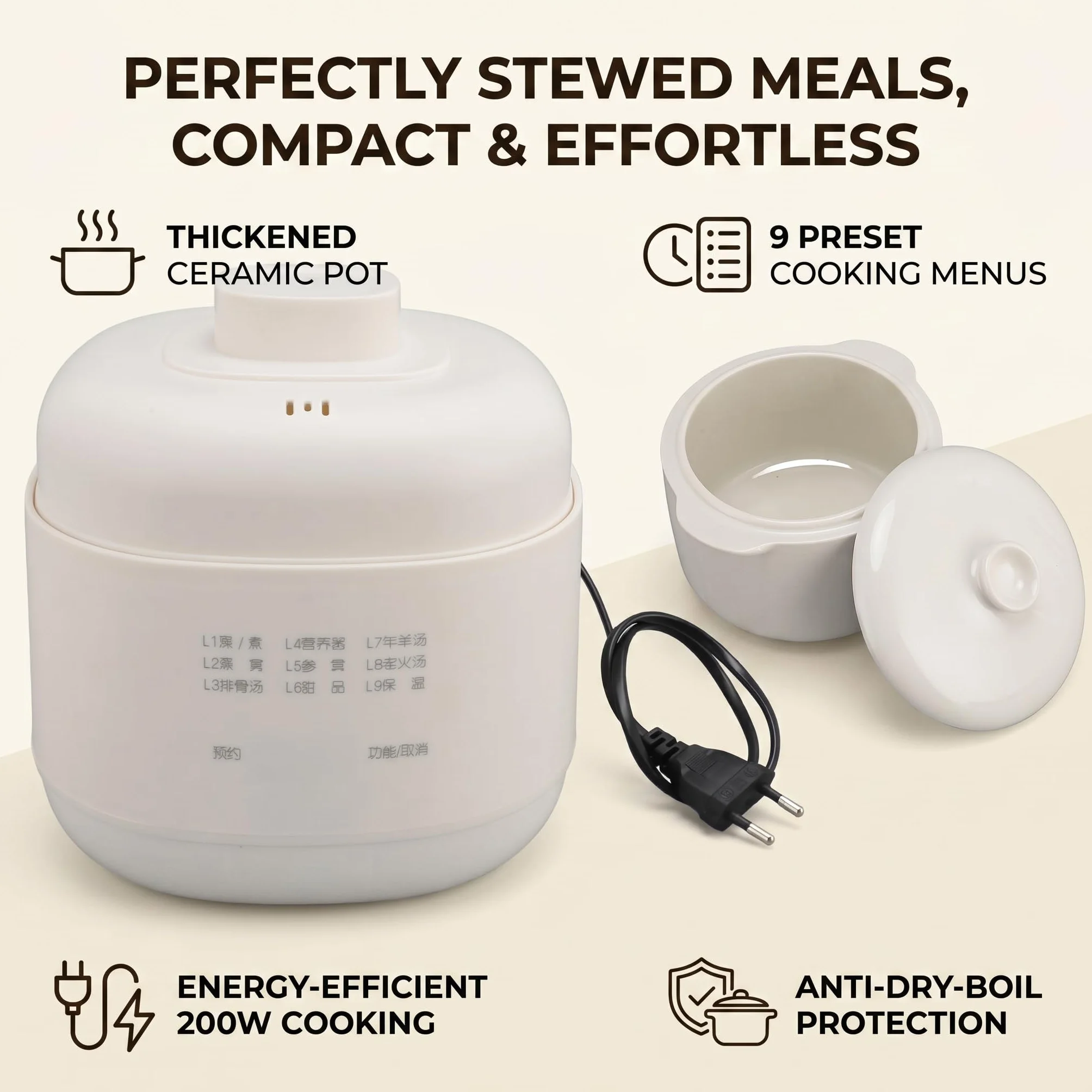 Cuiseur à Soupe en Céramique 1 L avec Maintien au Chaud, Protection Surchauffe, Faitout Électrique