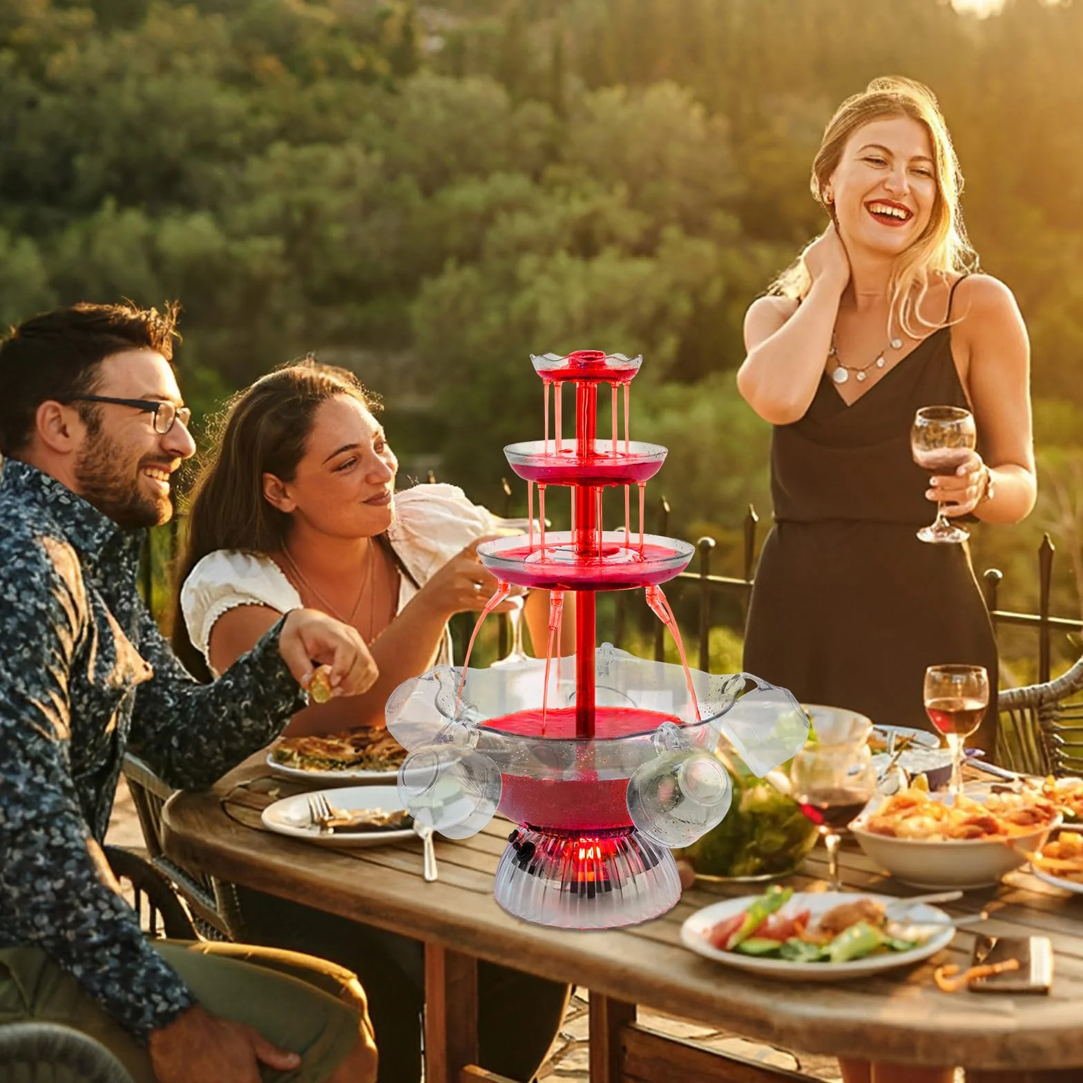 Fontaine à vin rouge 3 niveaux transparente avec 5 tasses, base LED, stable pour fête anniversaire