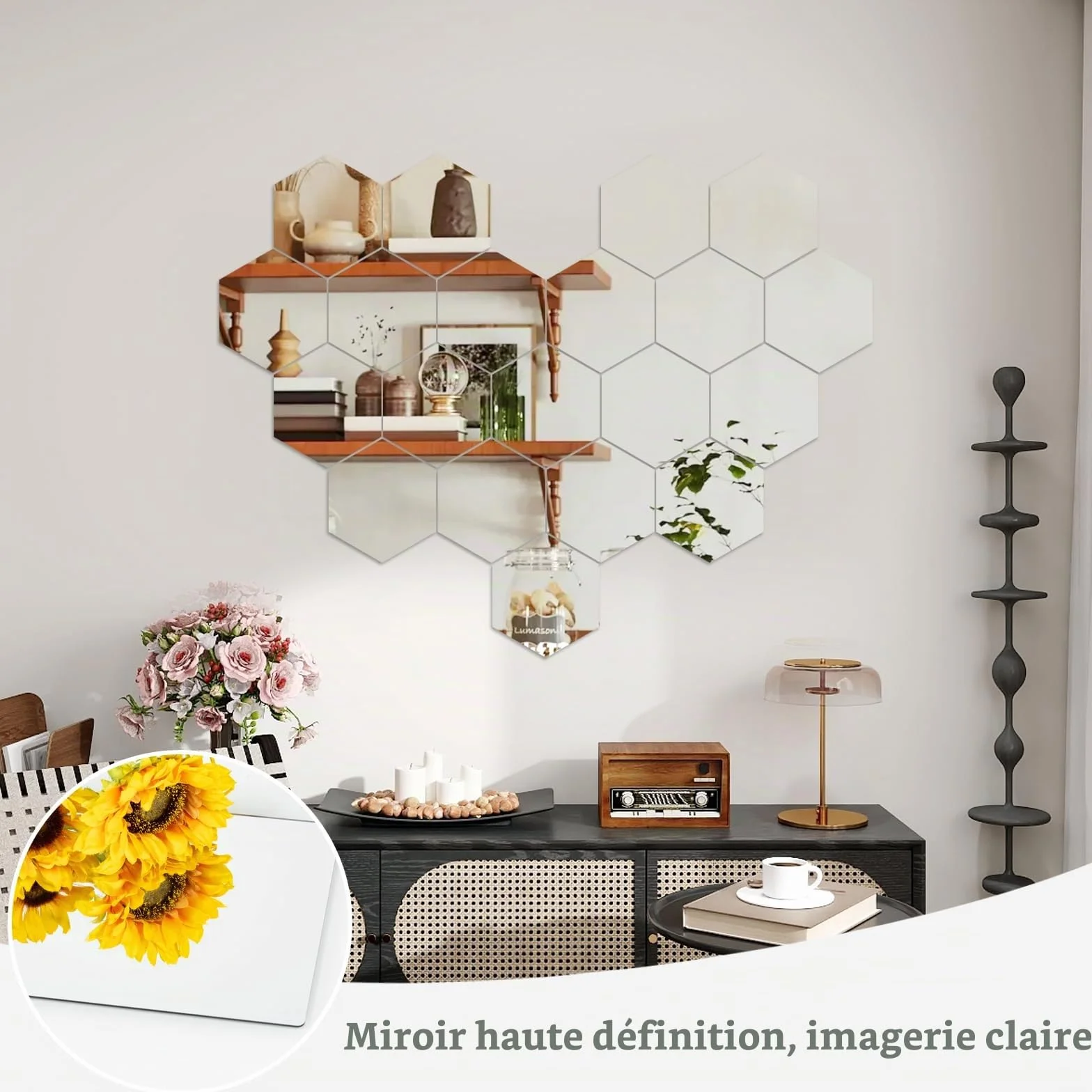 Miroir Mural Autocollant Hexagone 20x20 cm Antidéflagrant 4 Pièces