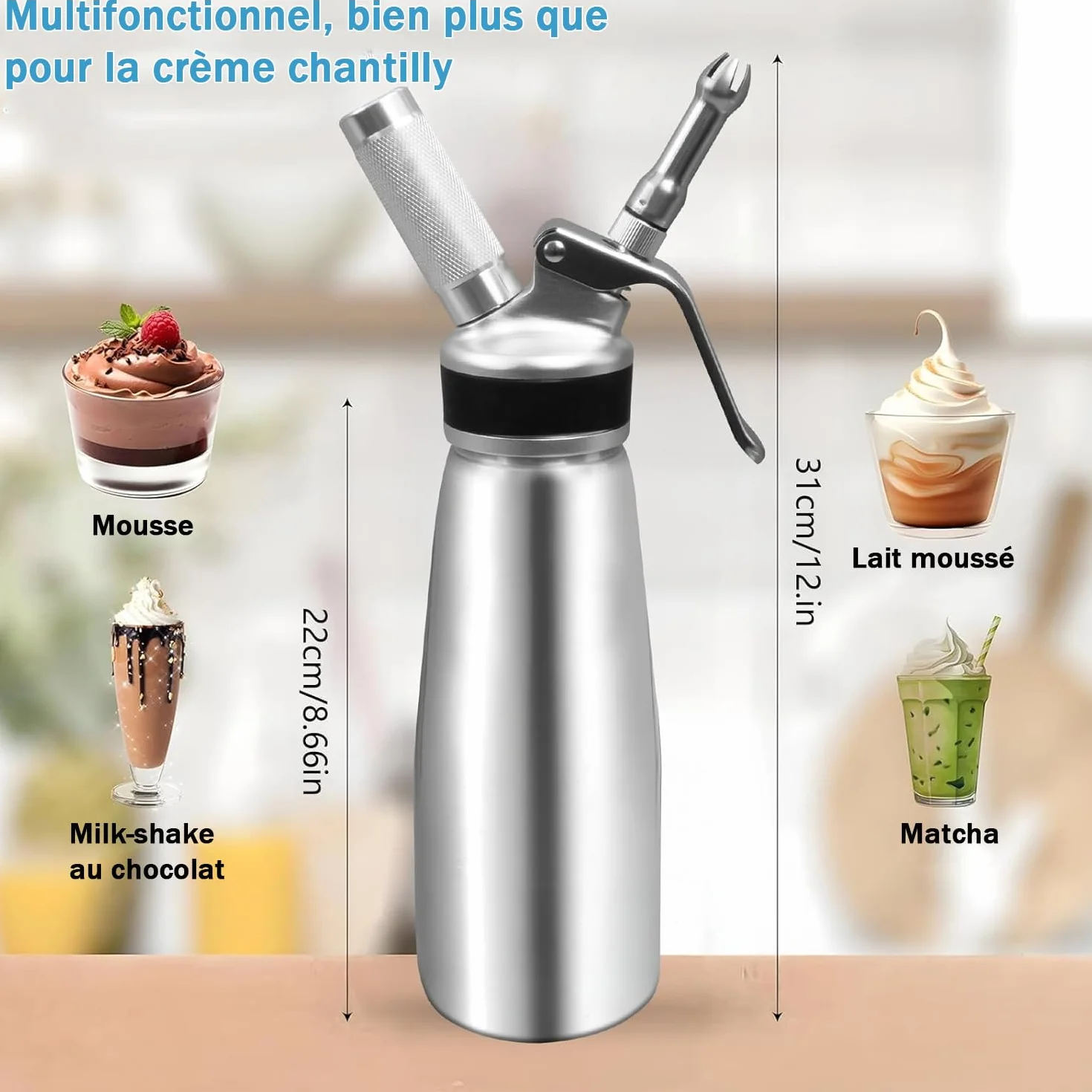 Siphon à Chantilly en Aluminium 500 ML, Distributeur de Crème Fouettée avec 3 Douilles INOX