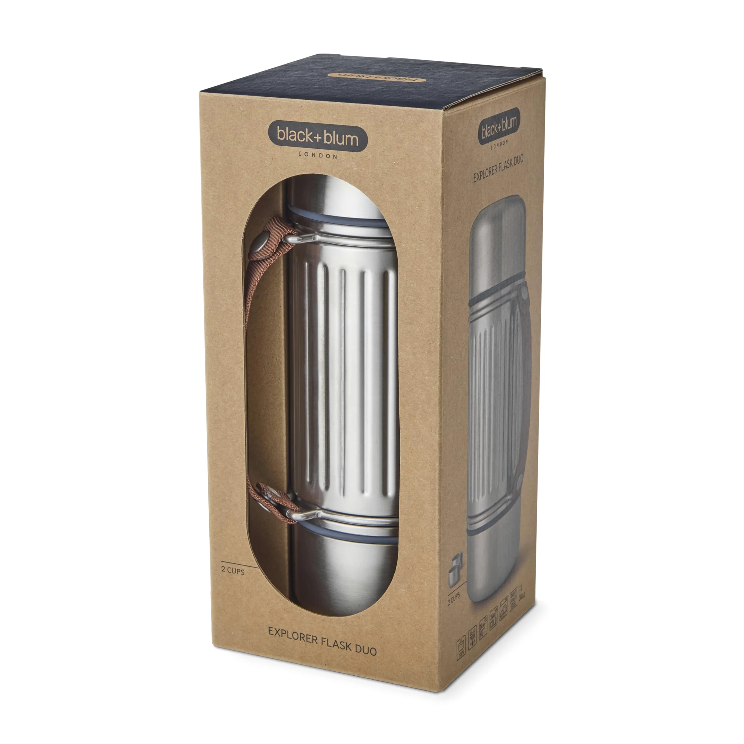 BLACK + BLUM Gourde Isotherme | Explorer Flask En Inox avec 2 Tasses | 1 L | Étanche, Chaud ou Froid 24 h, 2 Tasses Inox Double Paroi, Sangle de Transport, Camping & Plein Air