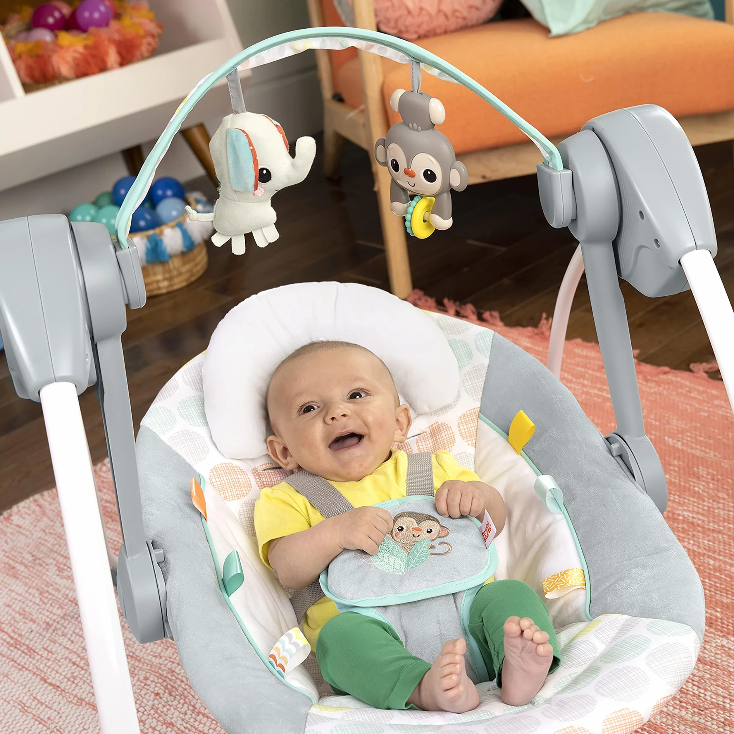 Bright Starts Balancelle Compacte Whimsical Wild 6 vitesses balancement arche jeu amovible 2 jouets interactifs multicolore naissance 9 kg