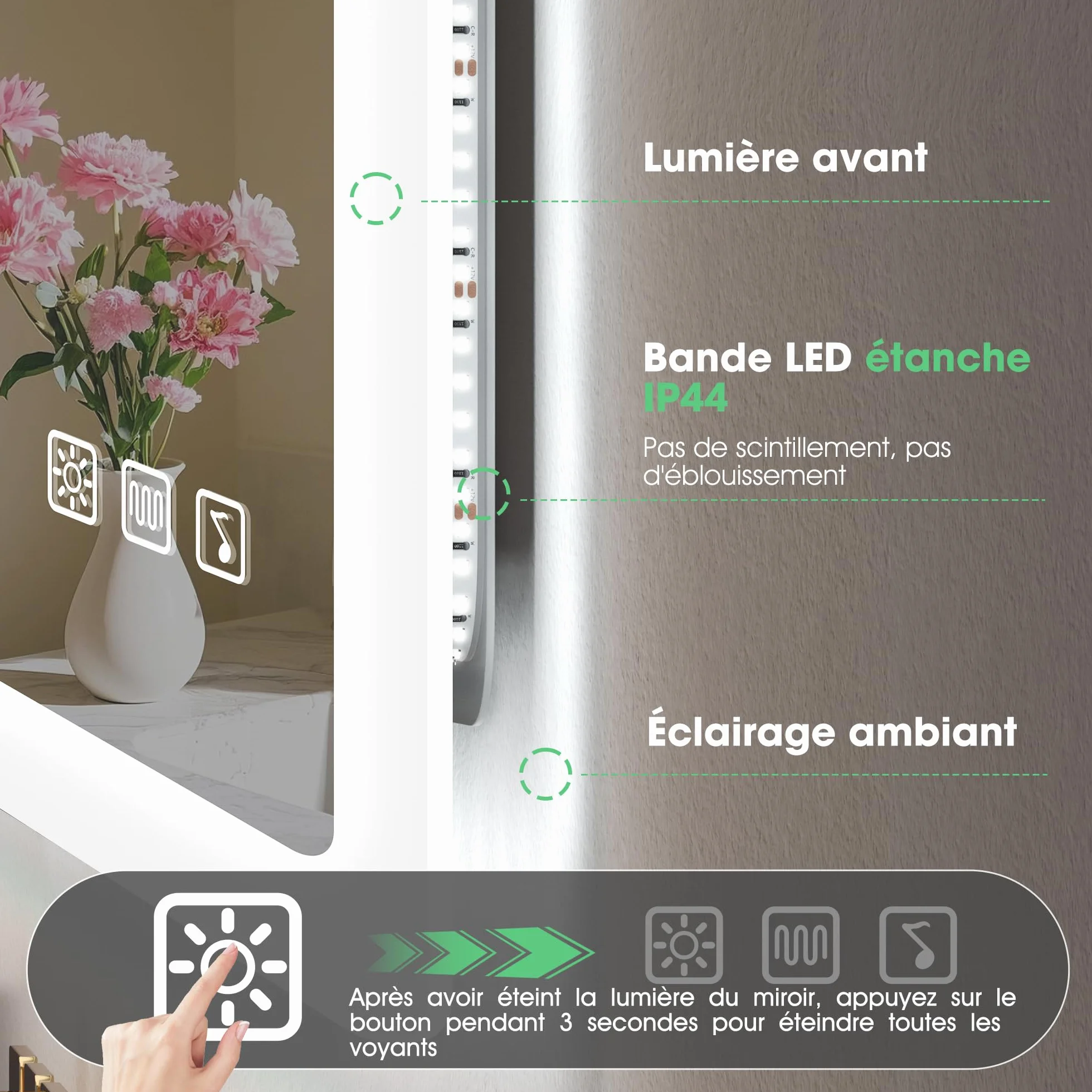 Miroir Salle de Bain LED 120x70cm Bluetooth Anti-buée IP44 Dimmable Mémoire Verre Trempé