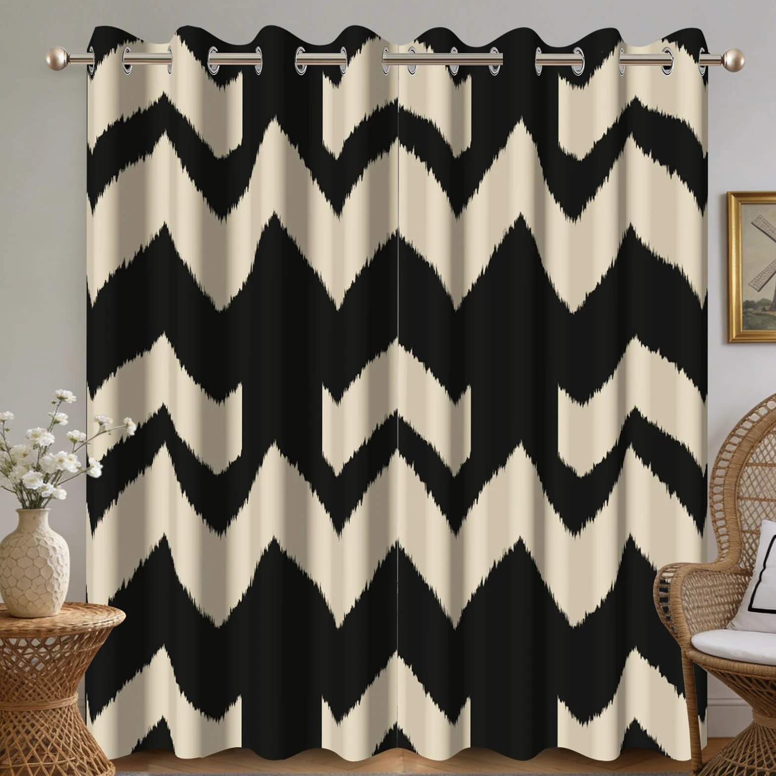 Rideaux occultants imprimés Beige et Noir 140x245cm pour Chambre et Salon, Lot de 2 Panneaux, Motif à Rayures abstraites, Style Moderne et élégant, œillets, Isolation Thermique.