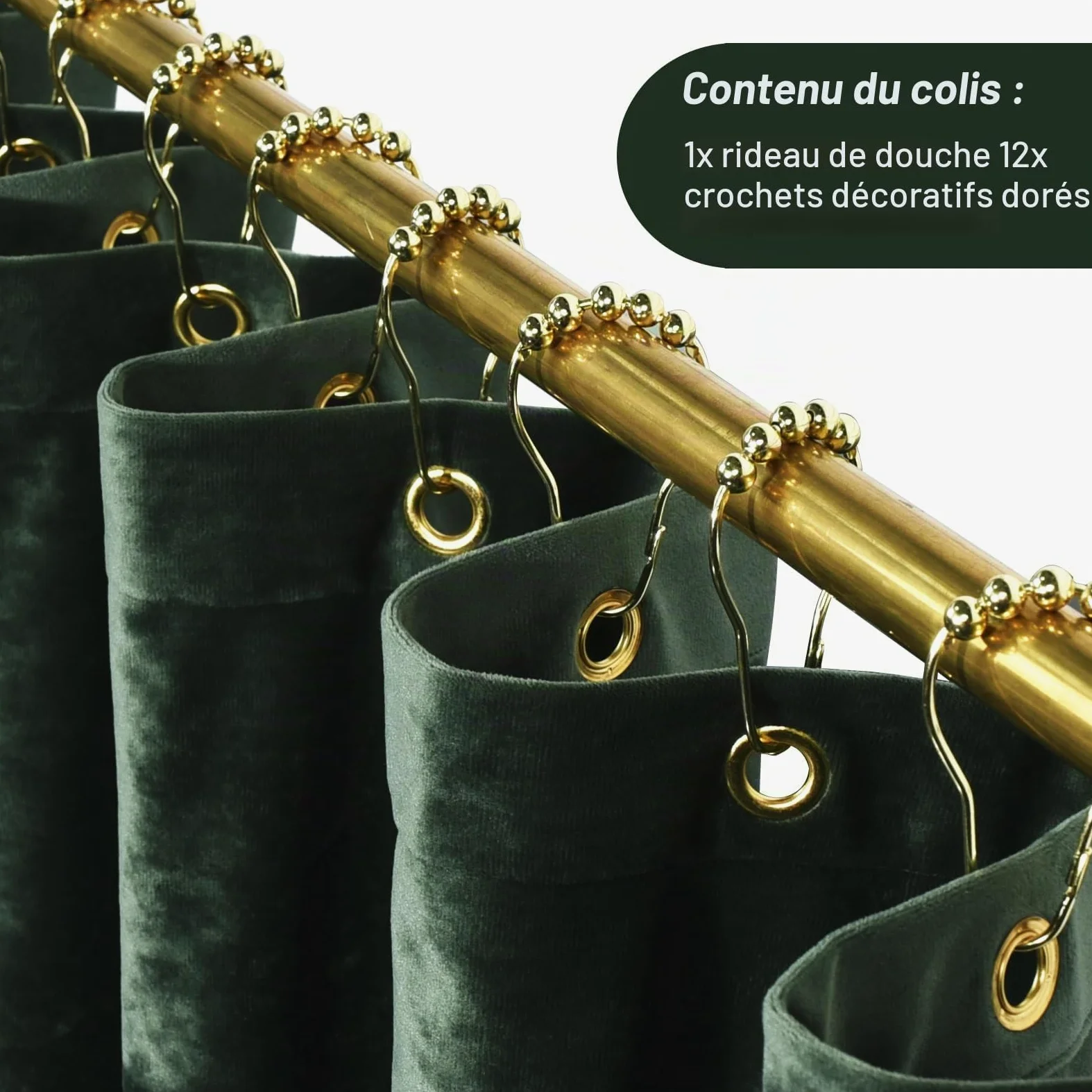 TAMGHO Rideau de Douche en Velours écrasé de Luxe avec 12 Crochets dorés – Rideau de Douche en Tissu épais imperméable pour Salle de Bain – Vert foncé – 183 x 183 cm