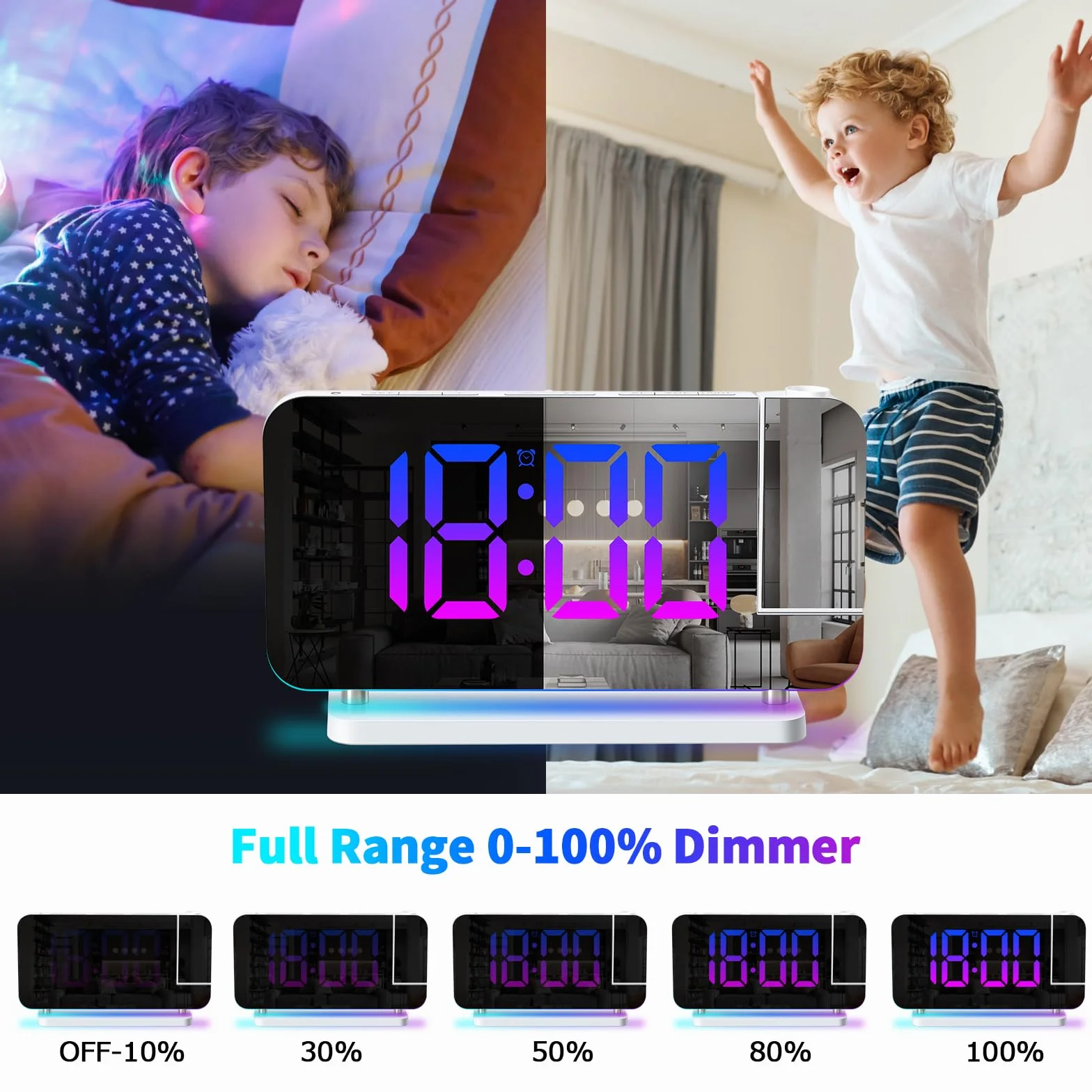ThreeH Réveil Projecteur LED RGB avec Surface Miroir Affichage Auto Dimming Volume Réglable Double Port USB Veilleuse Blanc