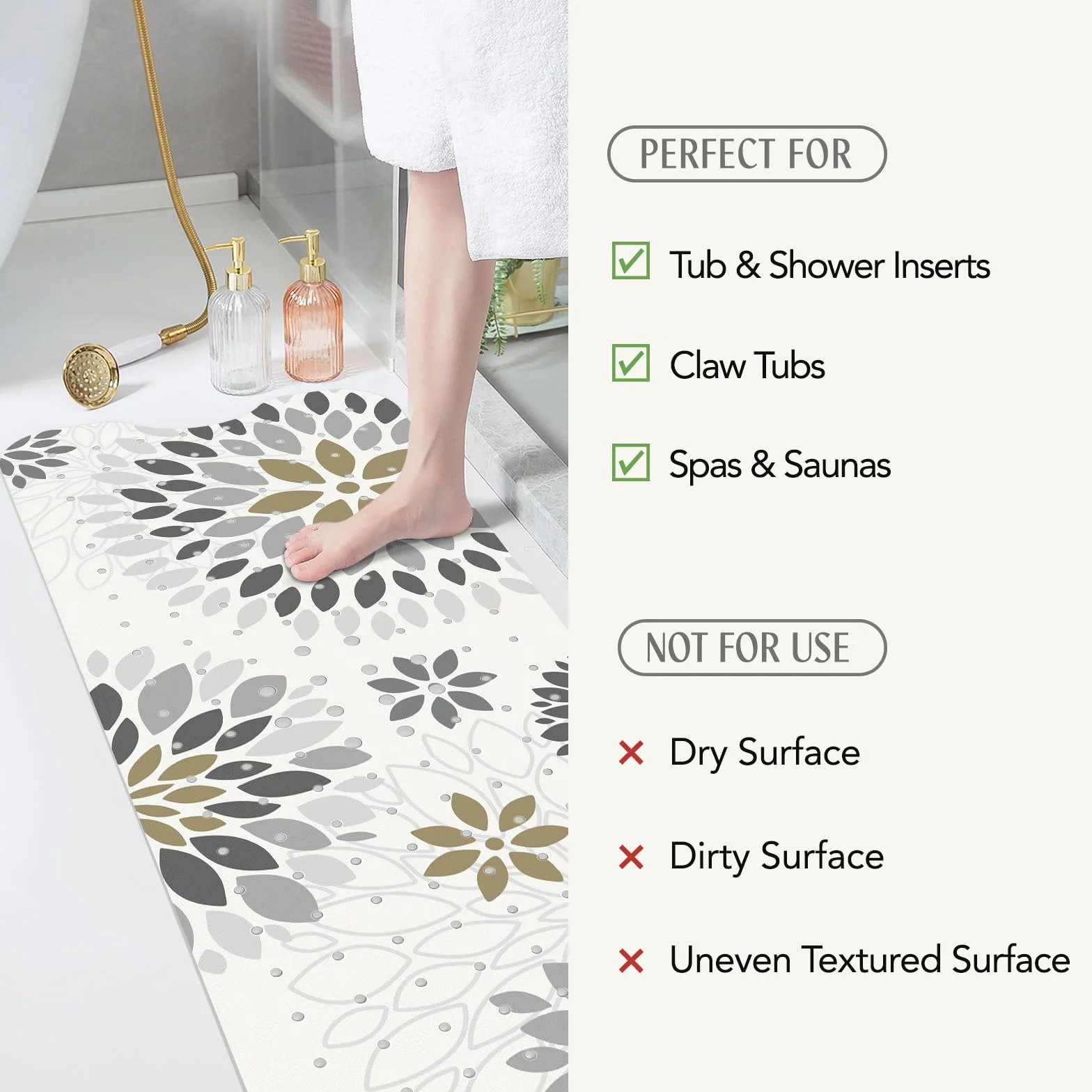 Tapis de Bain Antidérapant 100 x 40cm, SHUCHING, Lavable en Machine et Résistant à la Moisissure, Sans BPA, Fleurs Grises