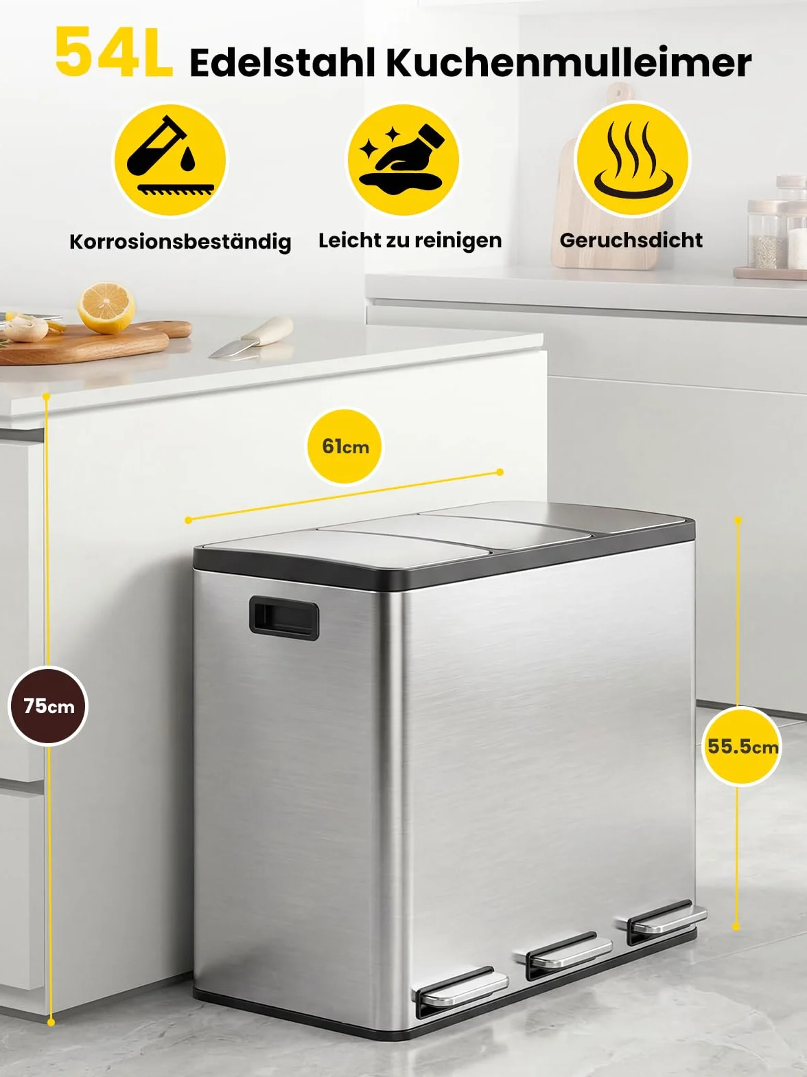Poubelle Cuisine 54L Inox 3 Compartiments Tri Sélectif à Pédale Soft Close
