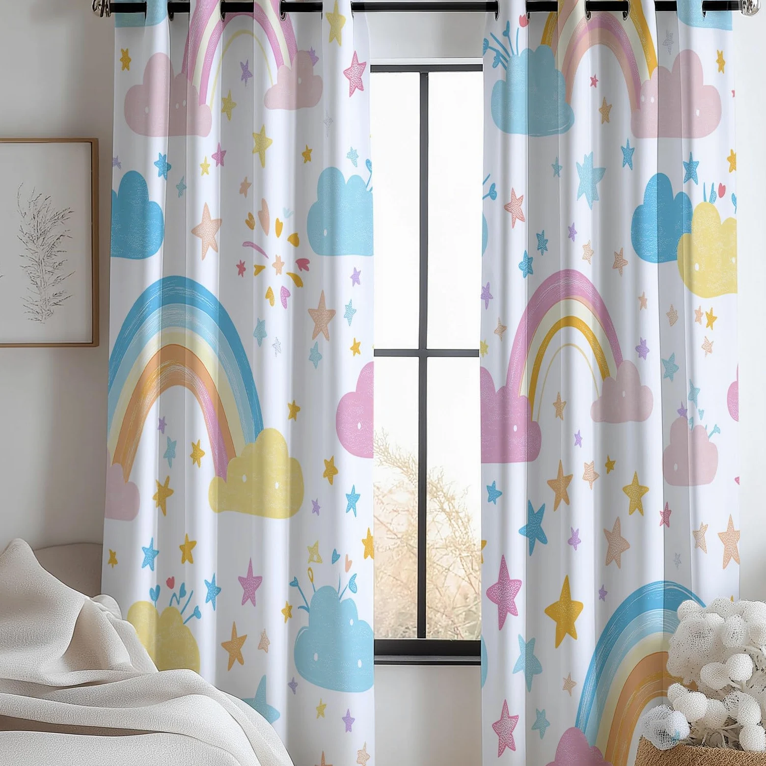 Arc en Ciel Nuages Étoiles Rideau Occultant, Blanc Rideau Thermique Isolant Tenture Opaque à Oeillets Draperies IntéRieurs pour Chambre Salon Décoration 2 Panneaux 92L x 214H cm