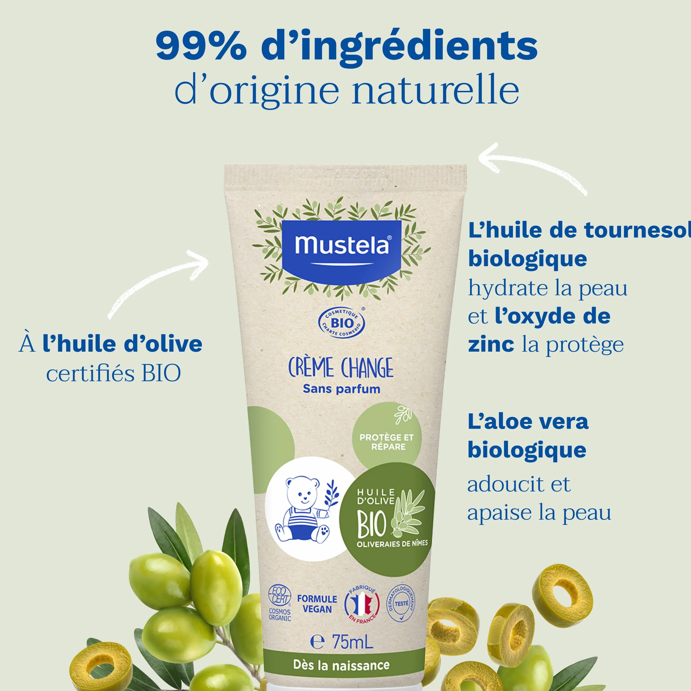 Mustela Crème Change Bébé Huile d'Olive Bio Soin Protecteur Apaisant Aloe Vera Oxyde de Zinc Sans Parfum Dès la Naissance