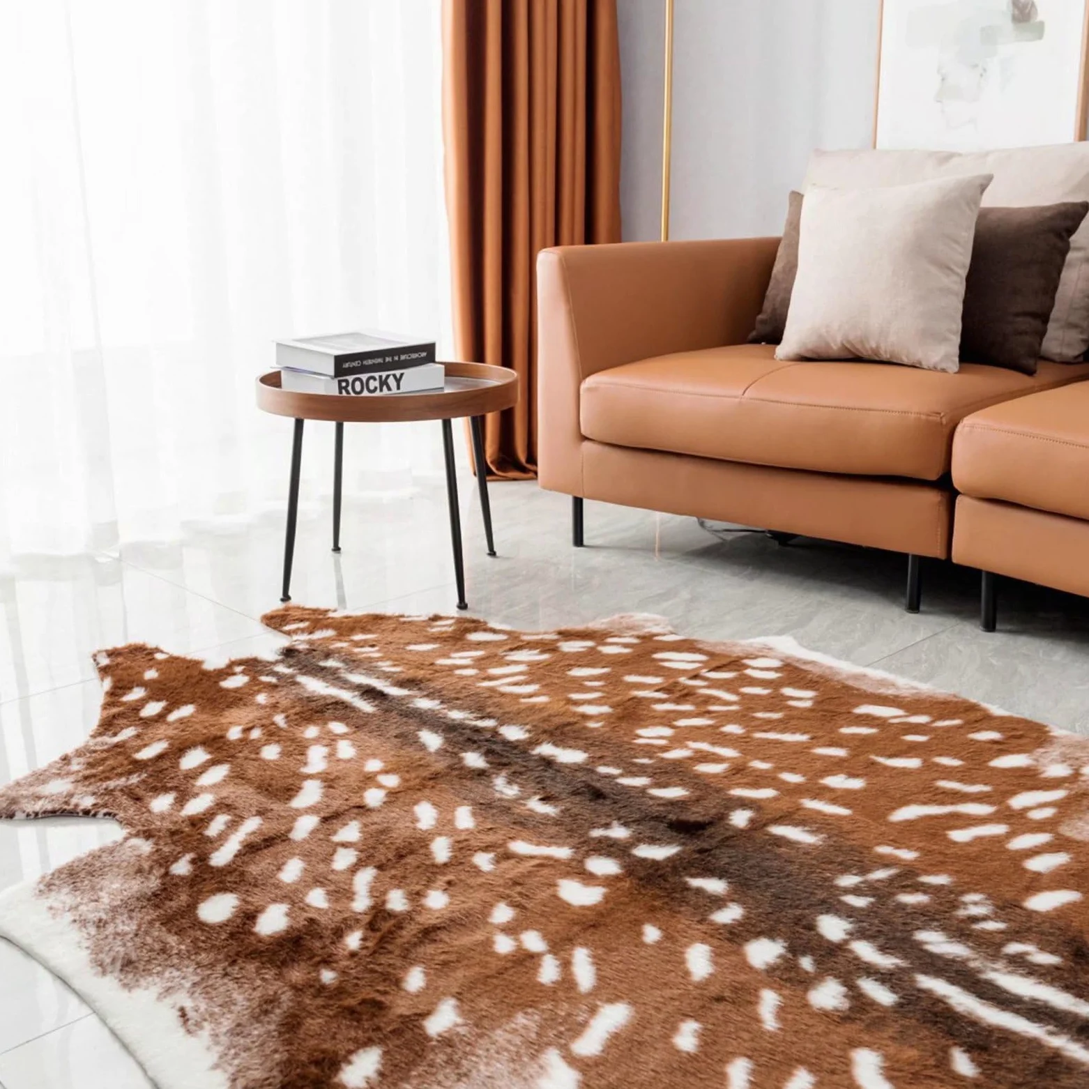 Grand tapis Sika en fausse fourrure avec imprimé cerf - 1,5 x 1,8 m - Blanc et marron