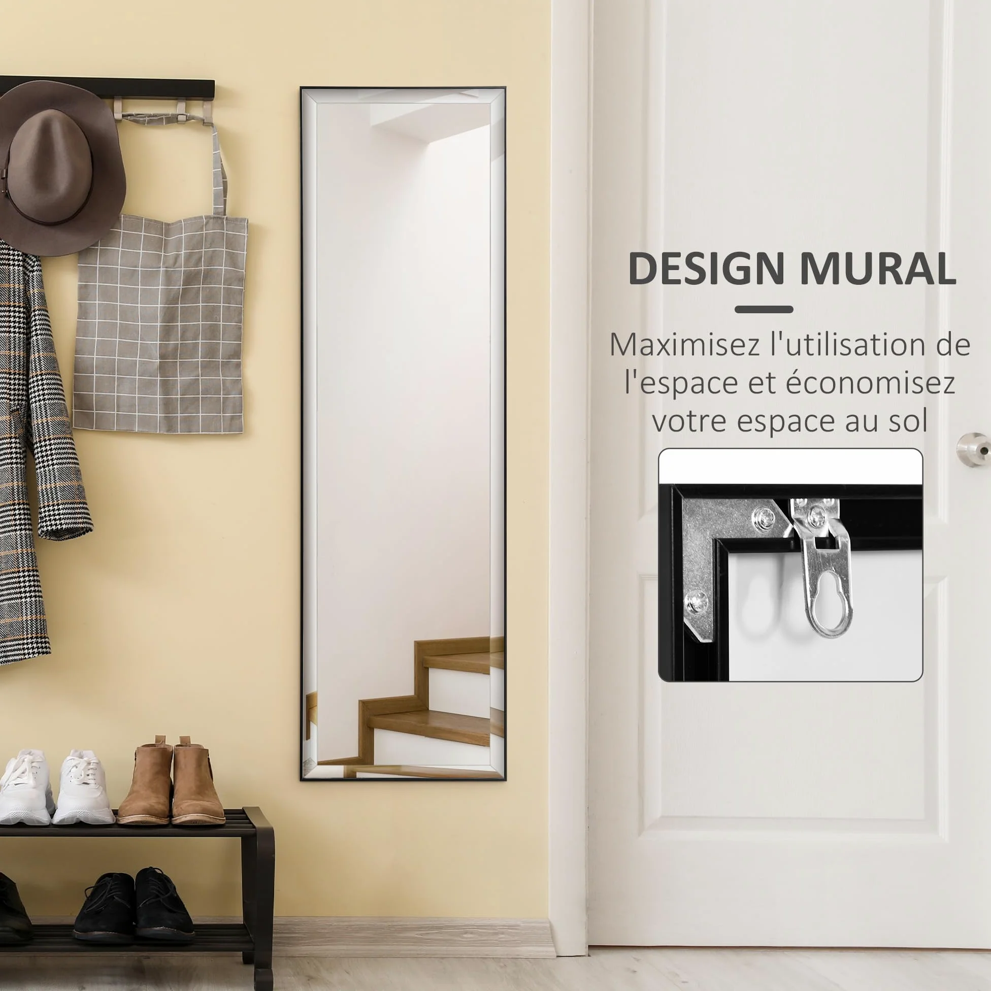 HOMCOM Miroir Mural Film Sécurité Anti Déflagrant 120L x 35l cm Noir | Système Attache Inclus, Cadre Alliage Alu.