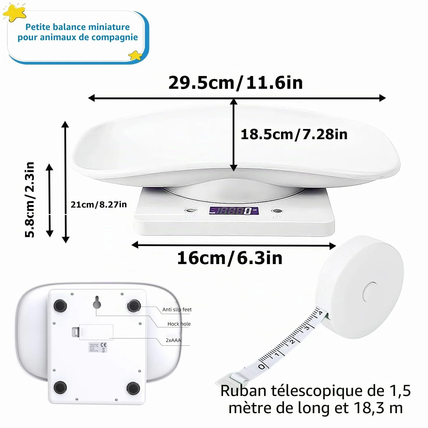 Nizirioo Balance numérique pour animaux de compagnie 15 kg précision ± 1 gramme Bol amovible